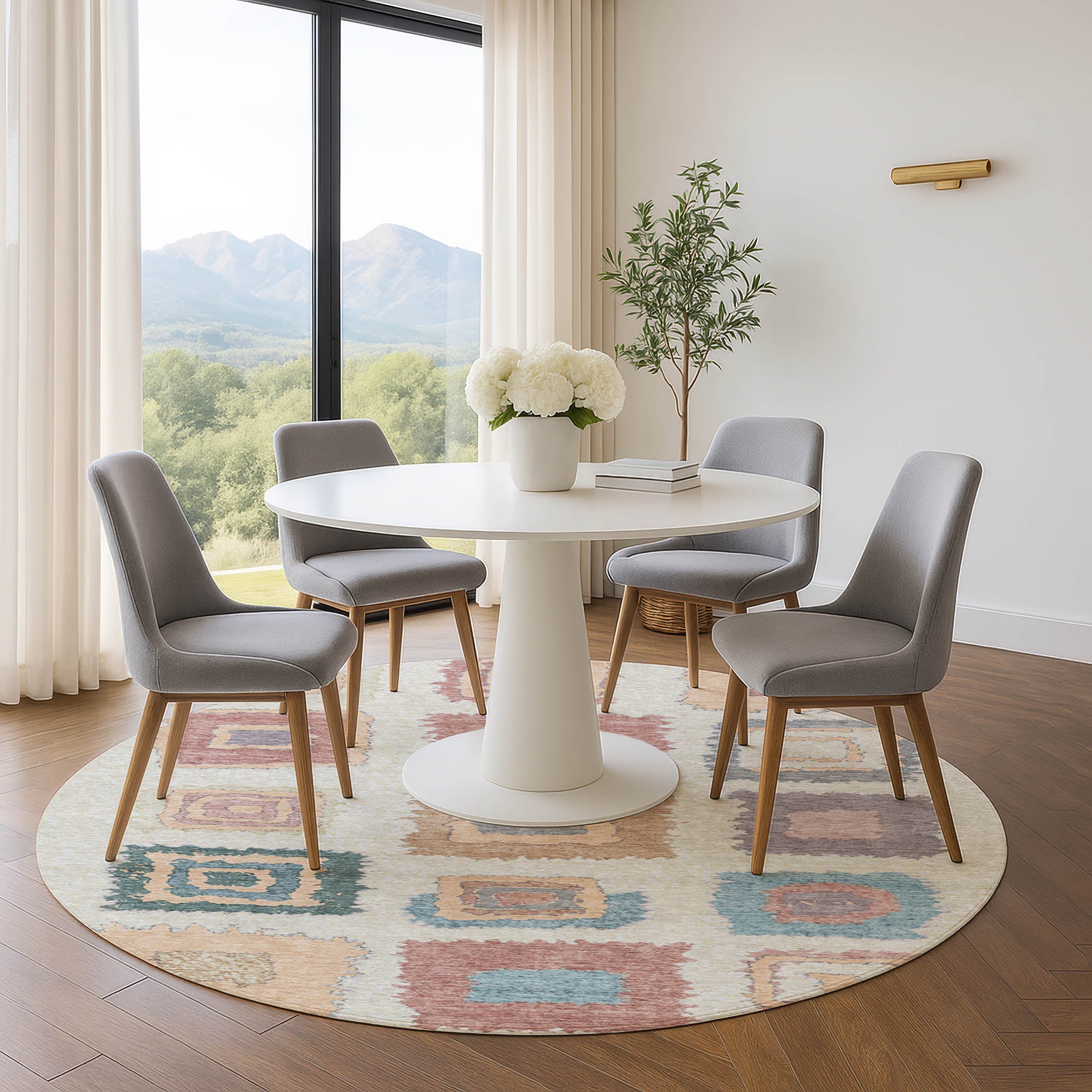 Mdina Machine Washable Transitional Peach Orange Rug 8' x 8' #shape_Round
