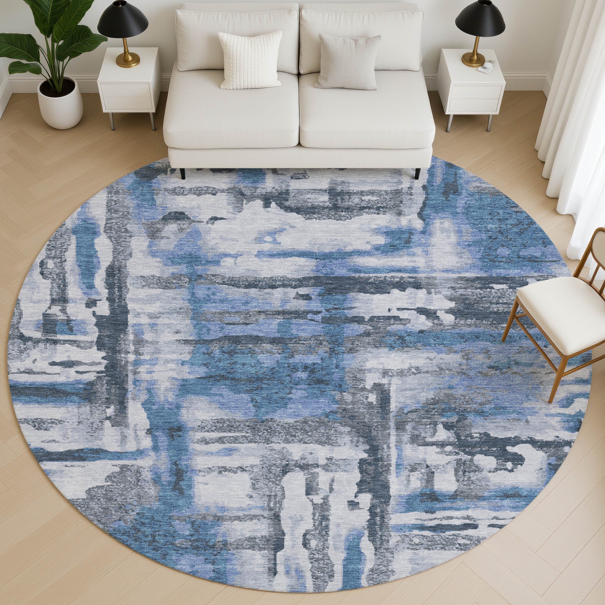 Lucerne Machine Washable Transitional Blue Rug 8' x 8' #shape_Round