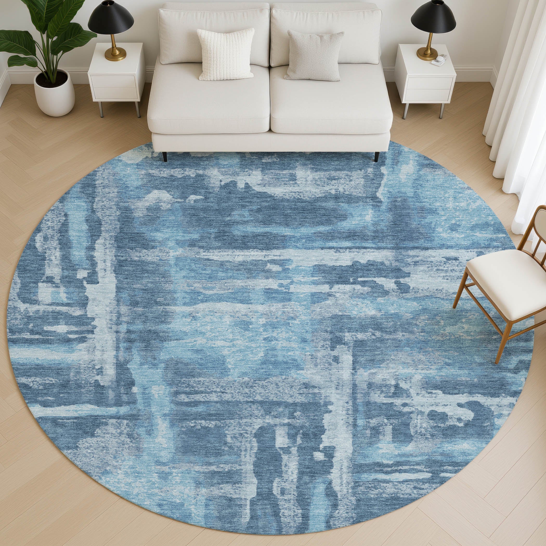 Lucerne Machine Washable Transitional Denim Blue Rug 8' x 8' #shape_Round
