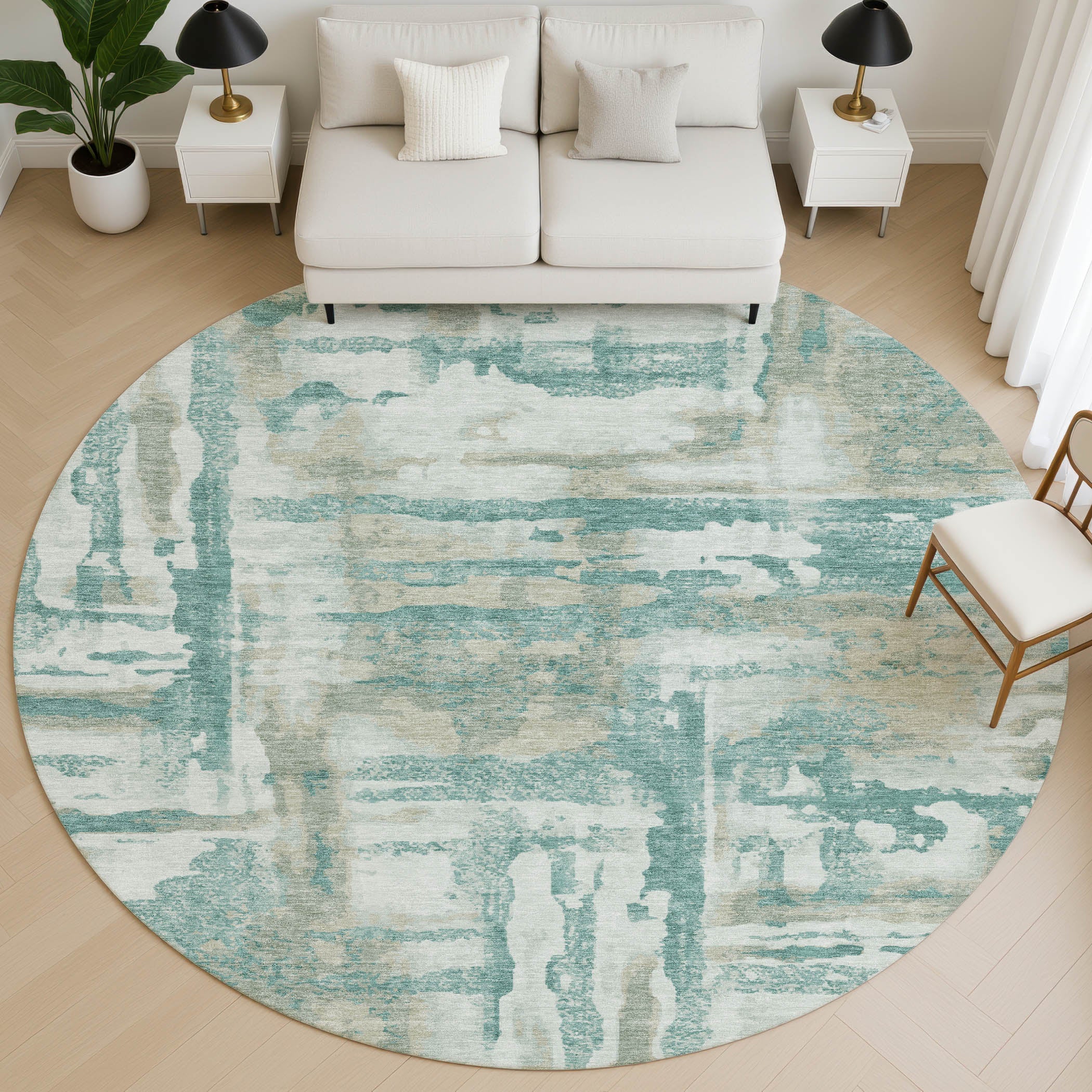 Lucerne Machine Washable Transitional Teal Rug 8' x 8' #shape_Round