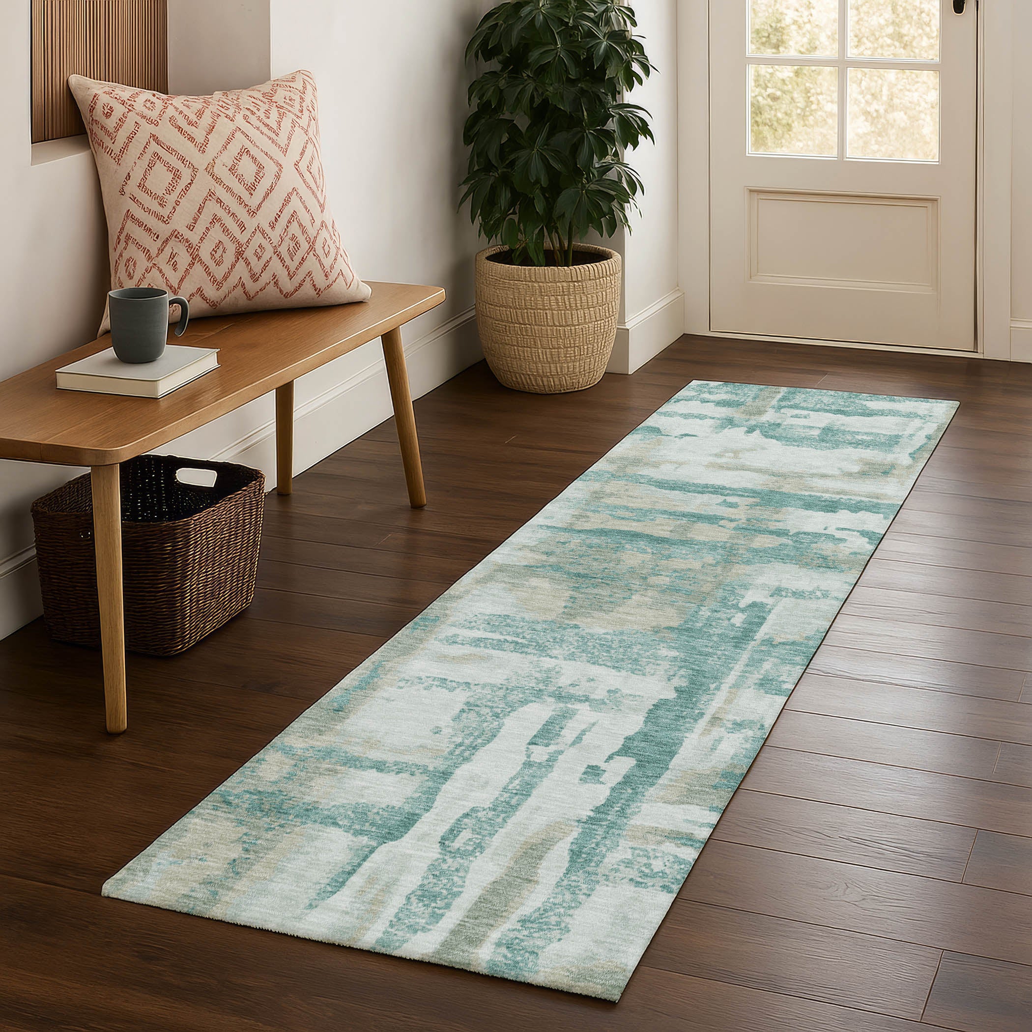 Lucerne Machine Washable Transitional Teal Rug 2'3" x 7'6" #shape_Runner
