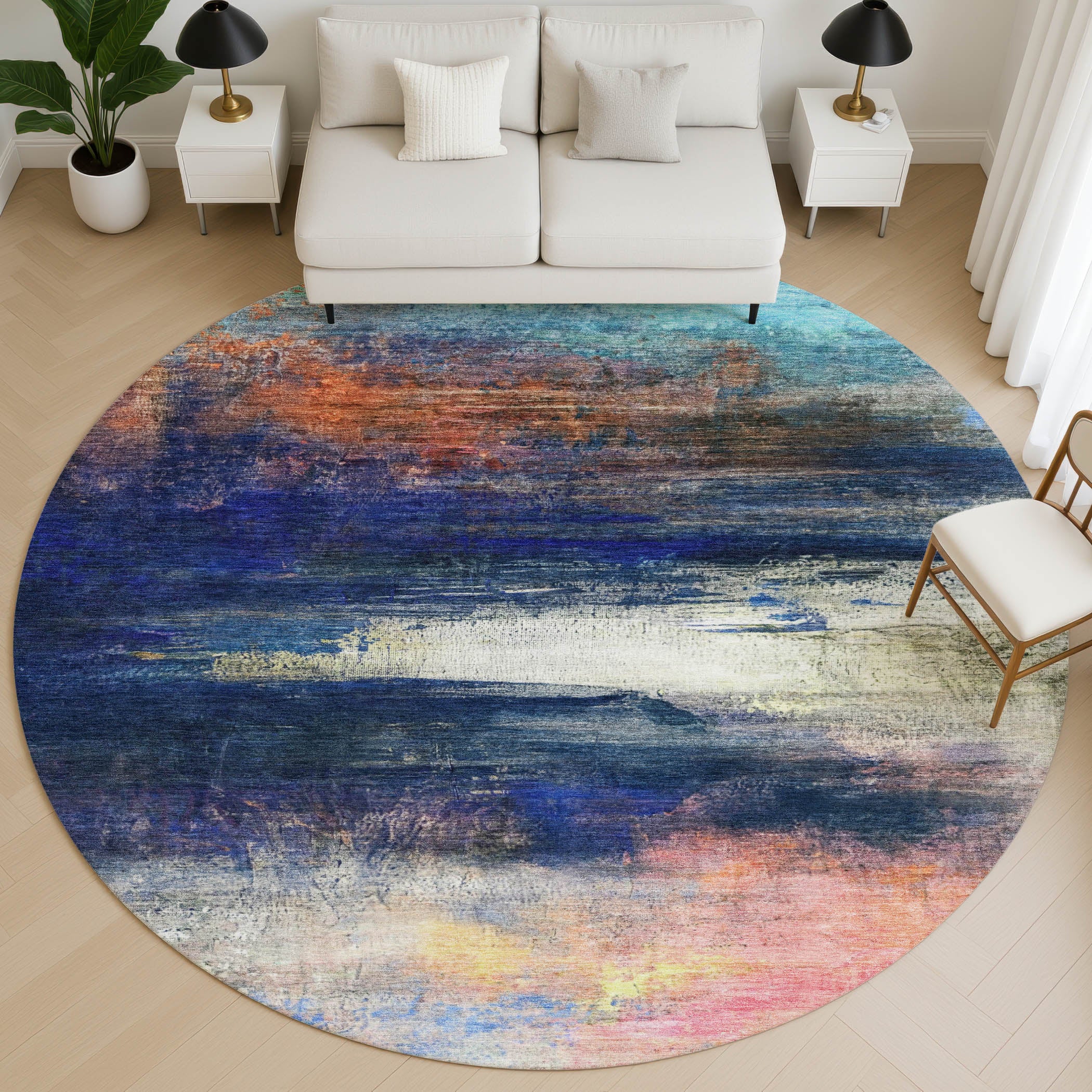 Florence Machine Washable Transitional Blue Rug 8' x 8' #shape_Round