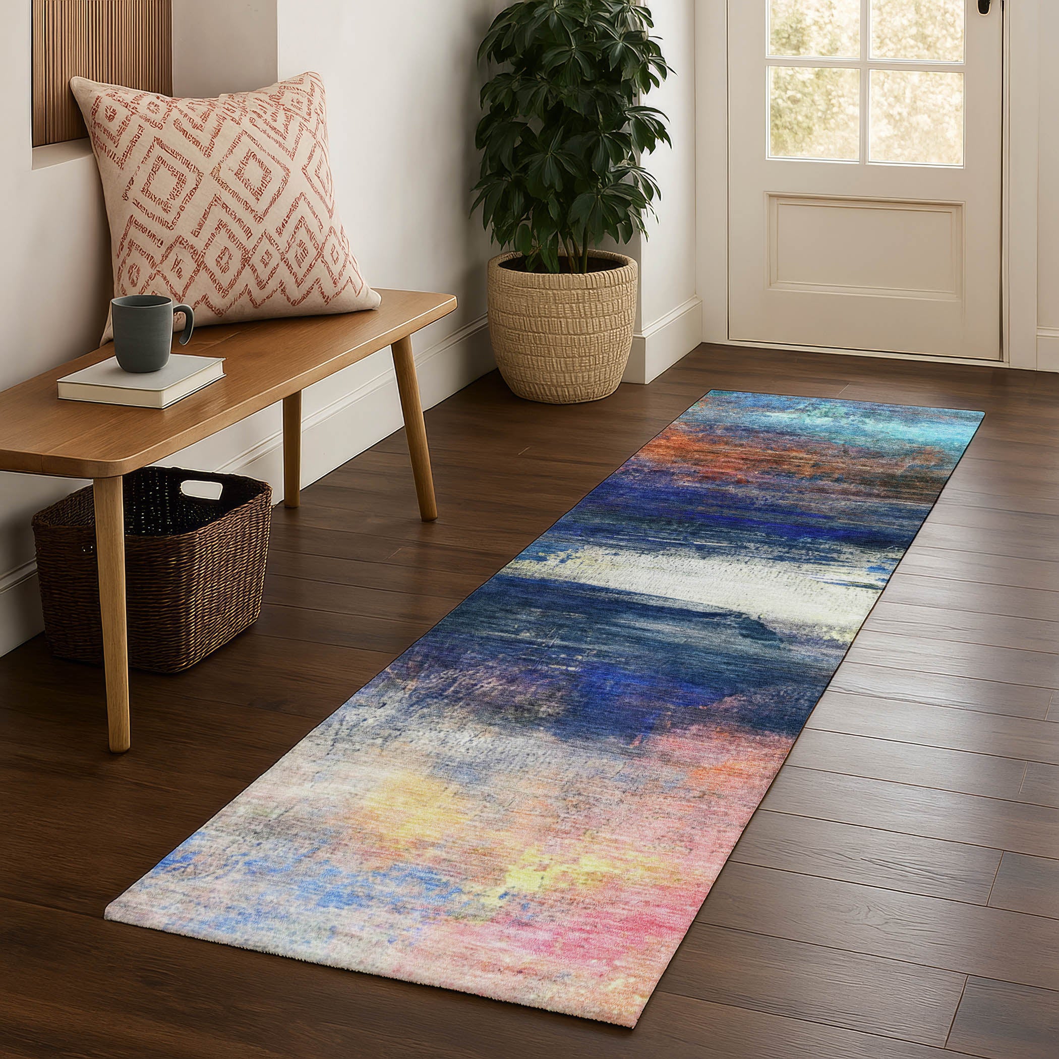 Florence Machine Washable Transitional Blue Rug 2'3" x 7'6" #shape_Runner