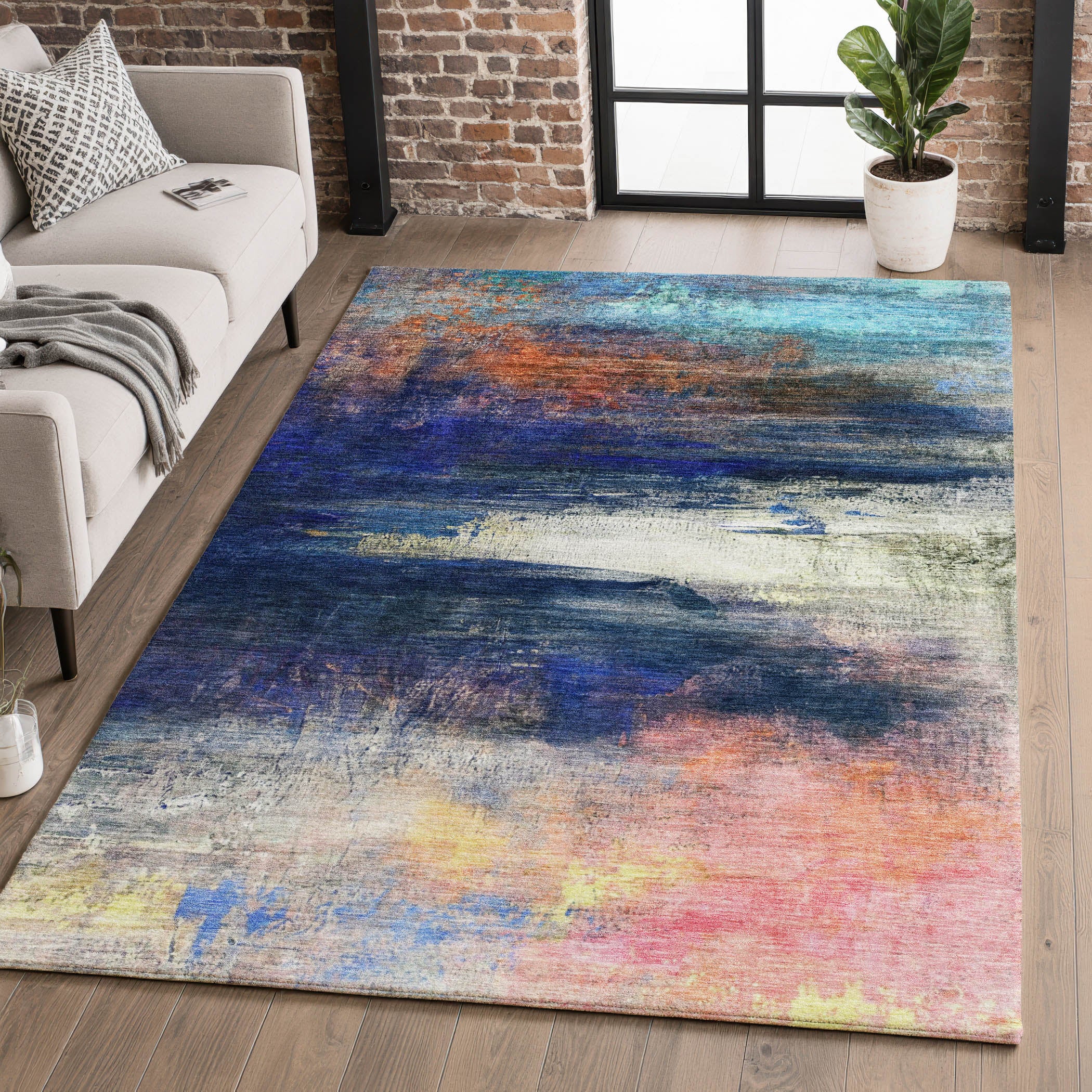 Florence Machine Washable Transitional Blue Rug 2'6" x 3'10" #shape_Rectangle
