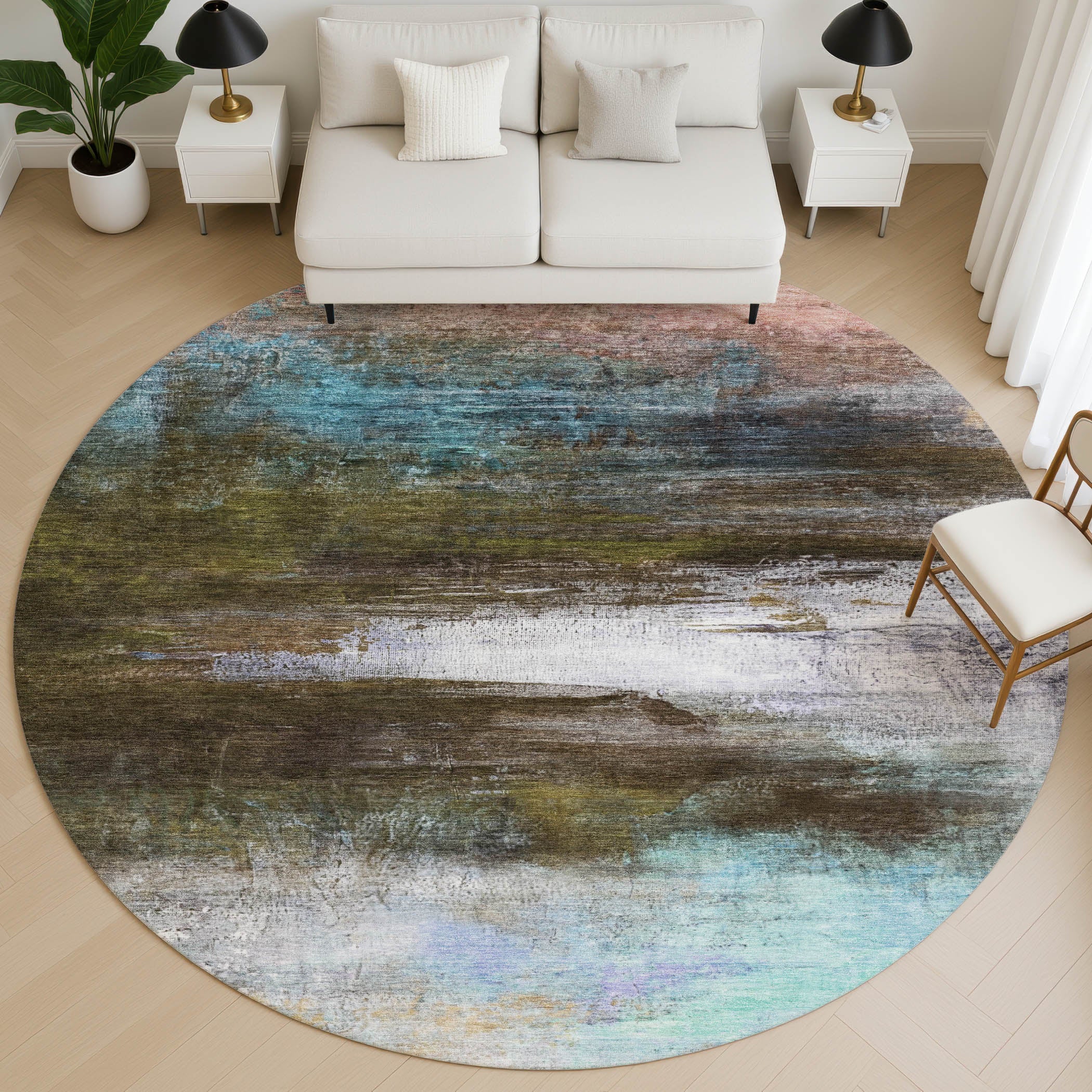 Florence Machine Washable Transitional Brown Rug 8' x 8' #shape_Round