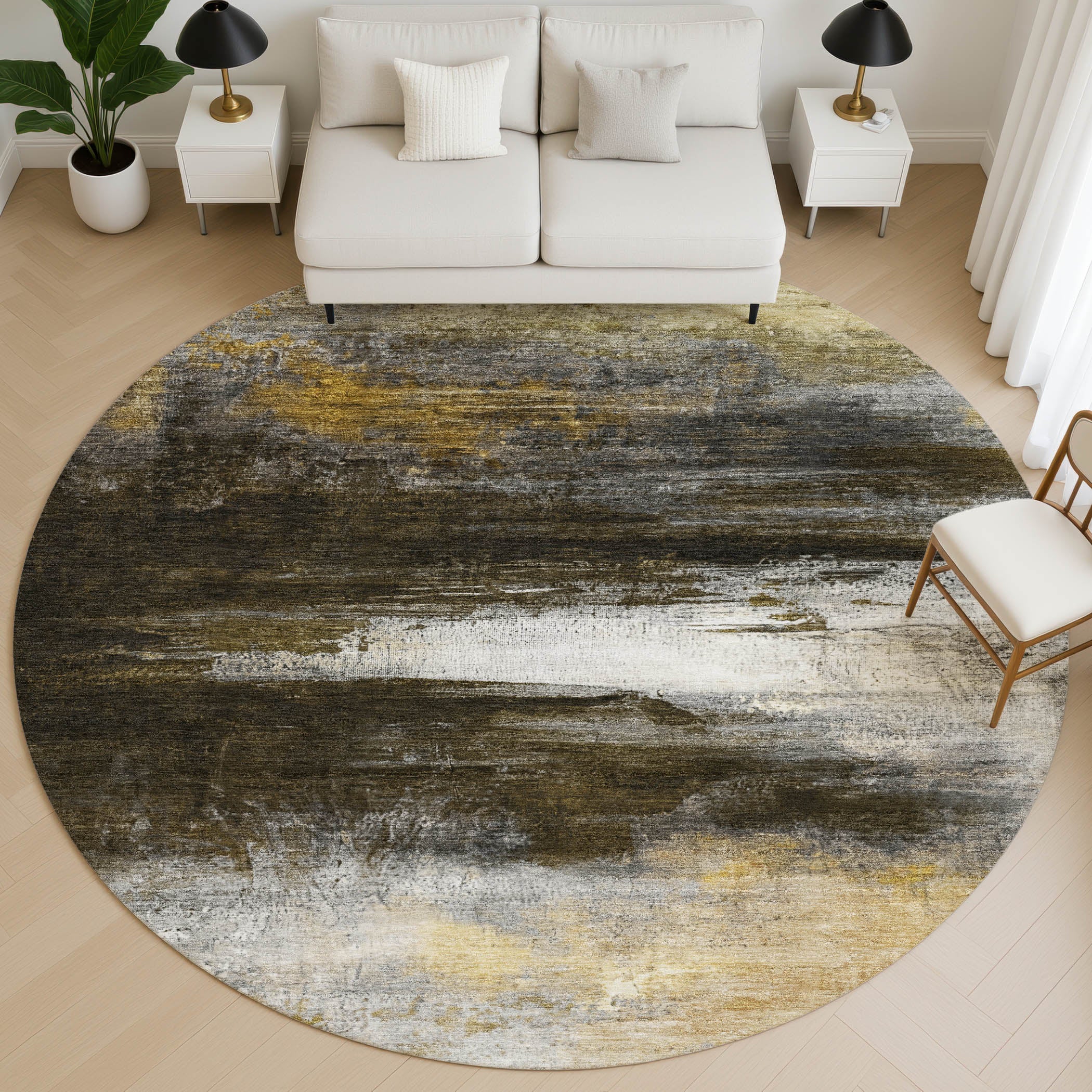 Florence Machine Washable Transitional Chocolate Brown Rug 8' x 8' #shape_Round