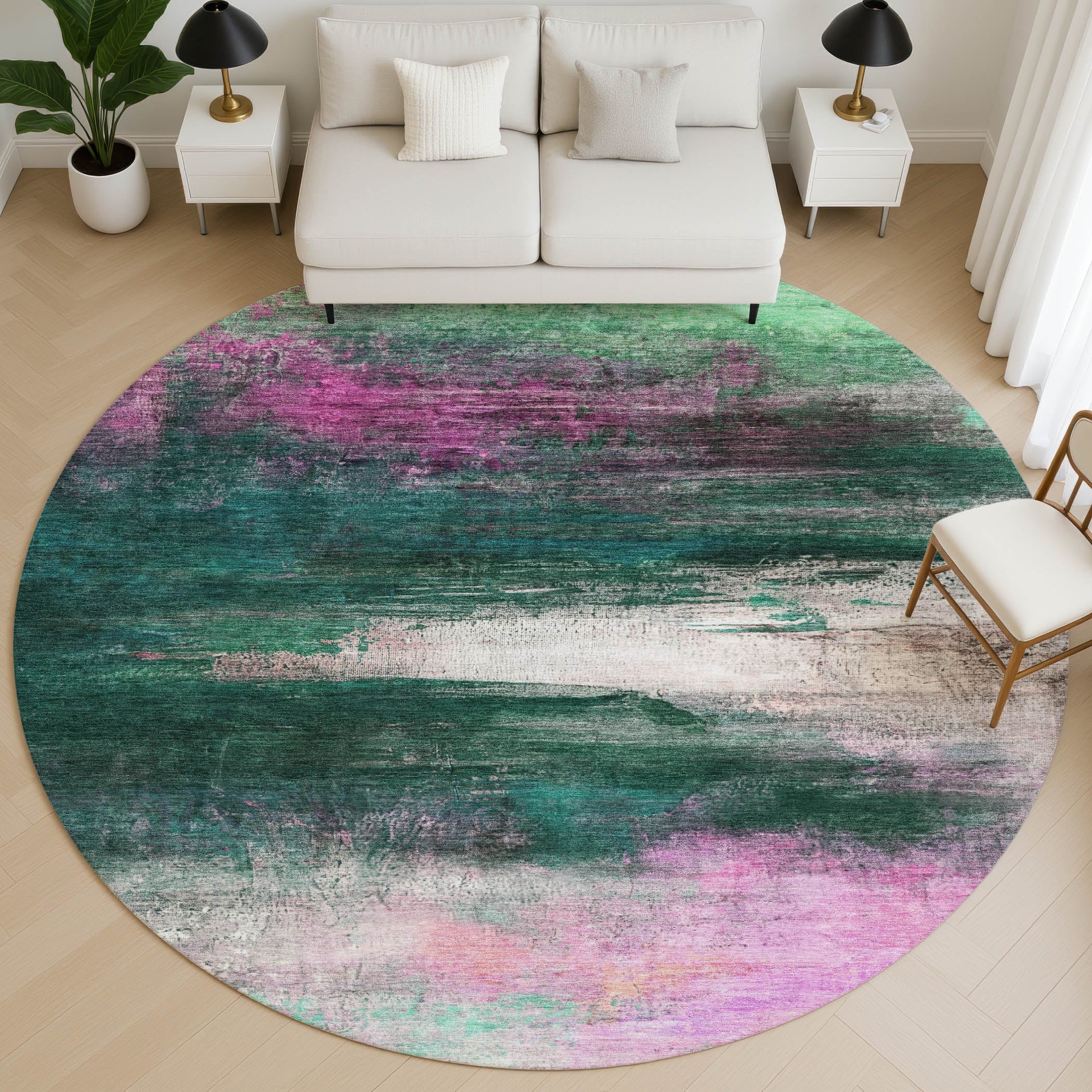 Florence Machine Washable Transitional Green Rug 8' x 8' #shape_Round