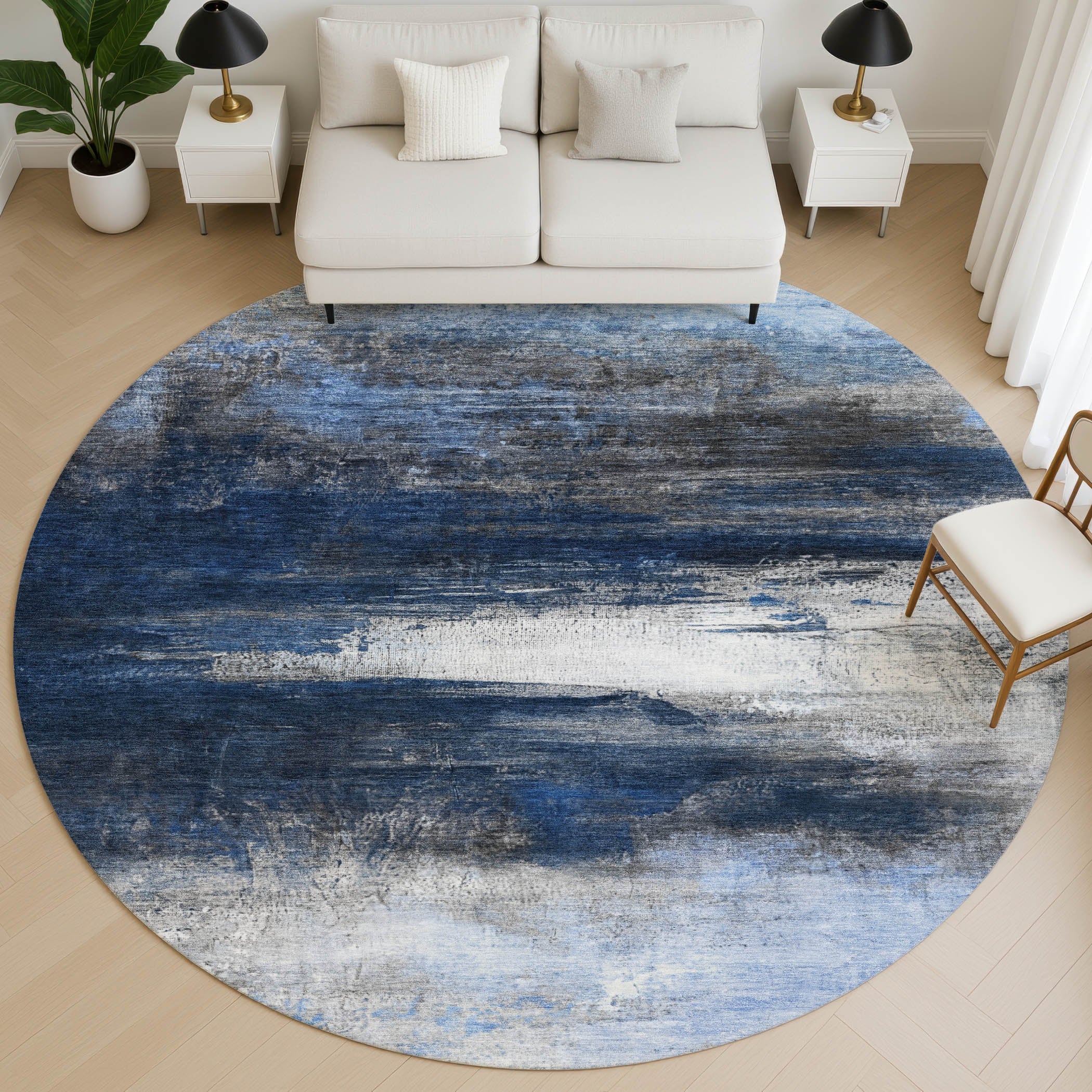 Florence Machine Washable Transitional Navy Blue Rug 8' x 8' #shape_Round