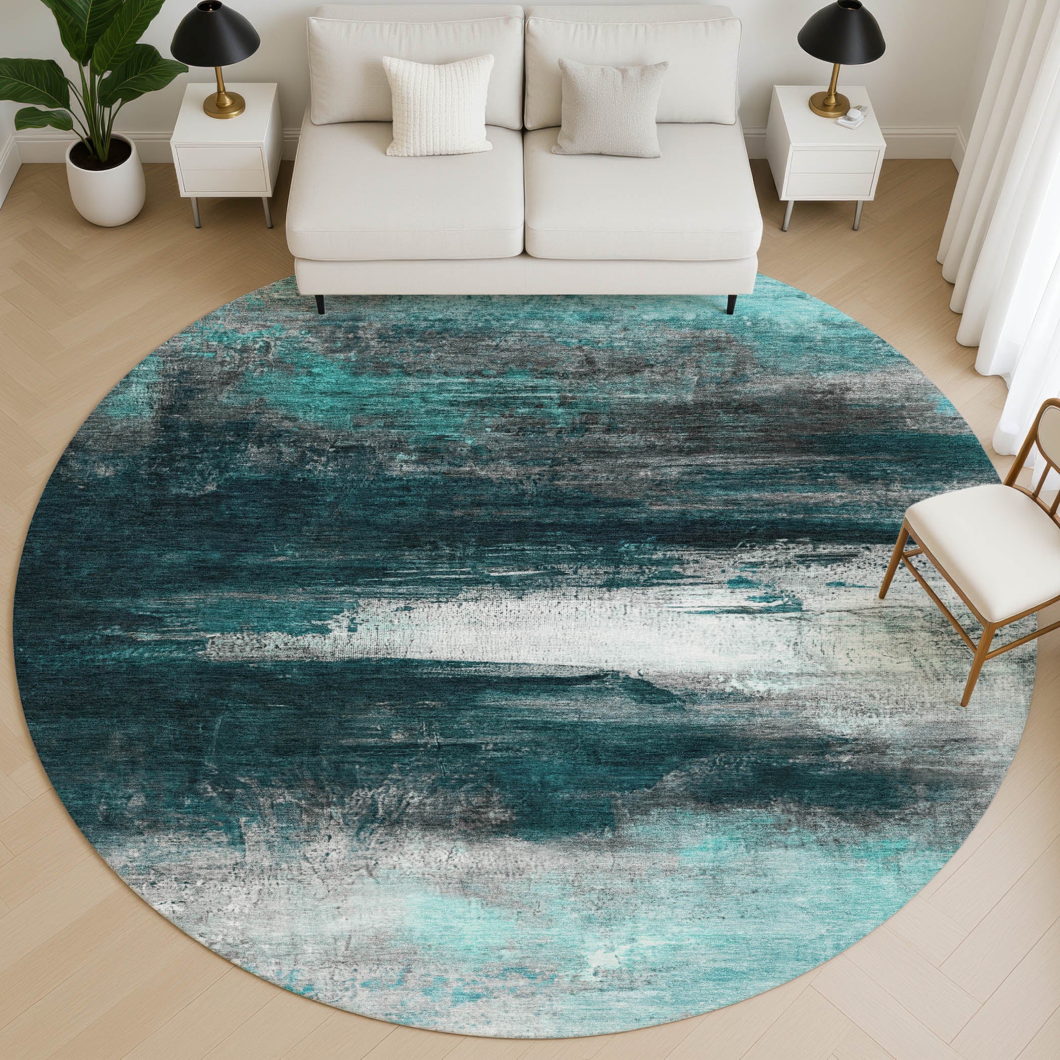 Florence Machine Washable Transitional Teal Rug 8' x 8' #shape_Round