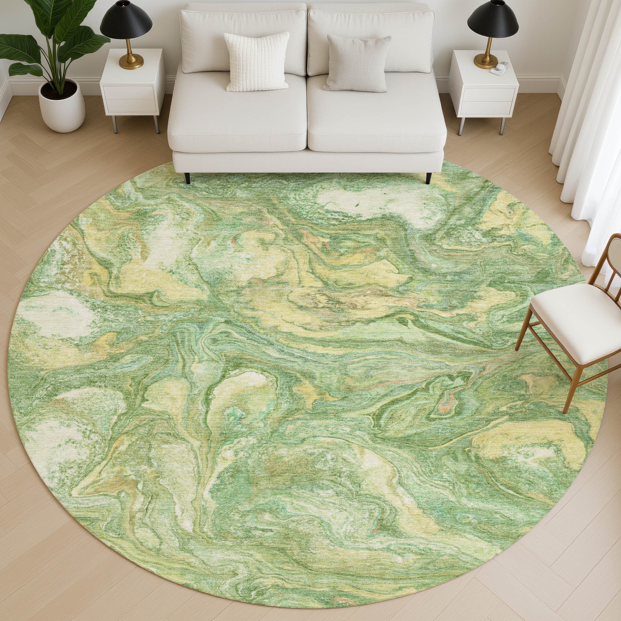 Athens Machine Washable Transitional Green Rug 8' x 8' #shape_Round
