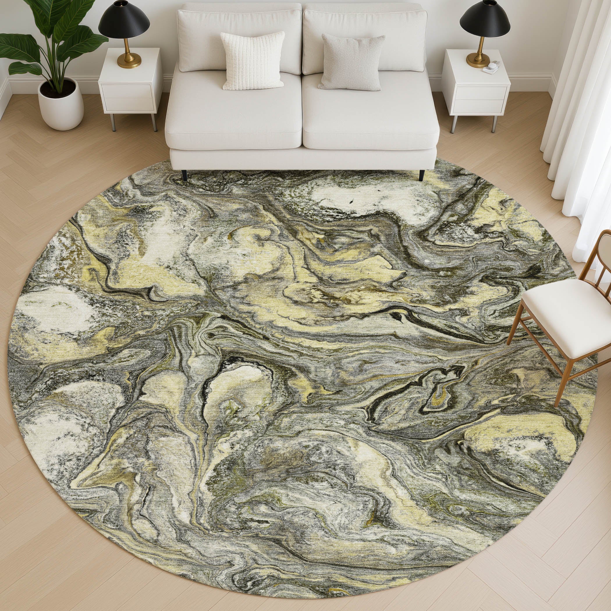 Athens Machine Washable Transitional Pewter Gray Rug 8' x 8' #shape_Round