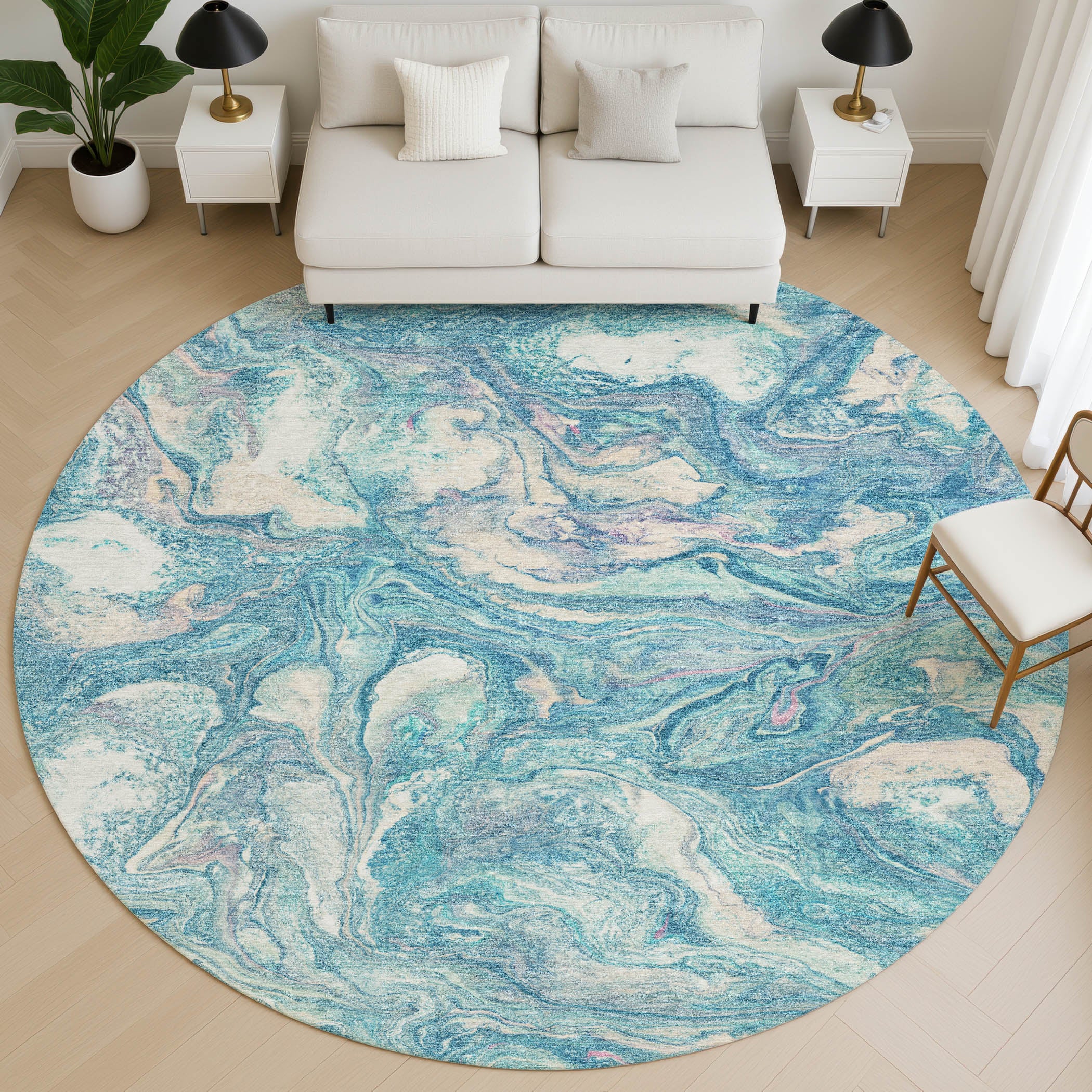 Athens Machine Washable Transitional Teal Rug 8' x 8' #shape_Round