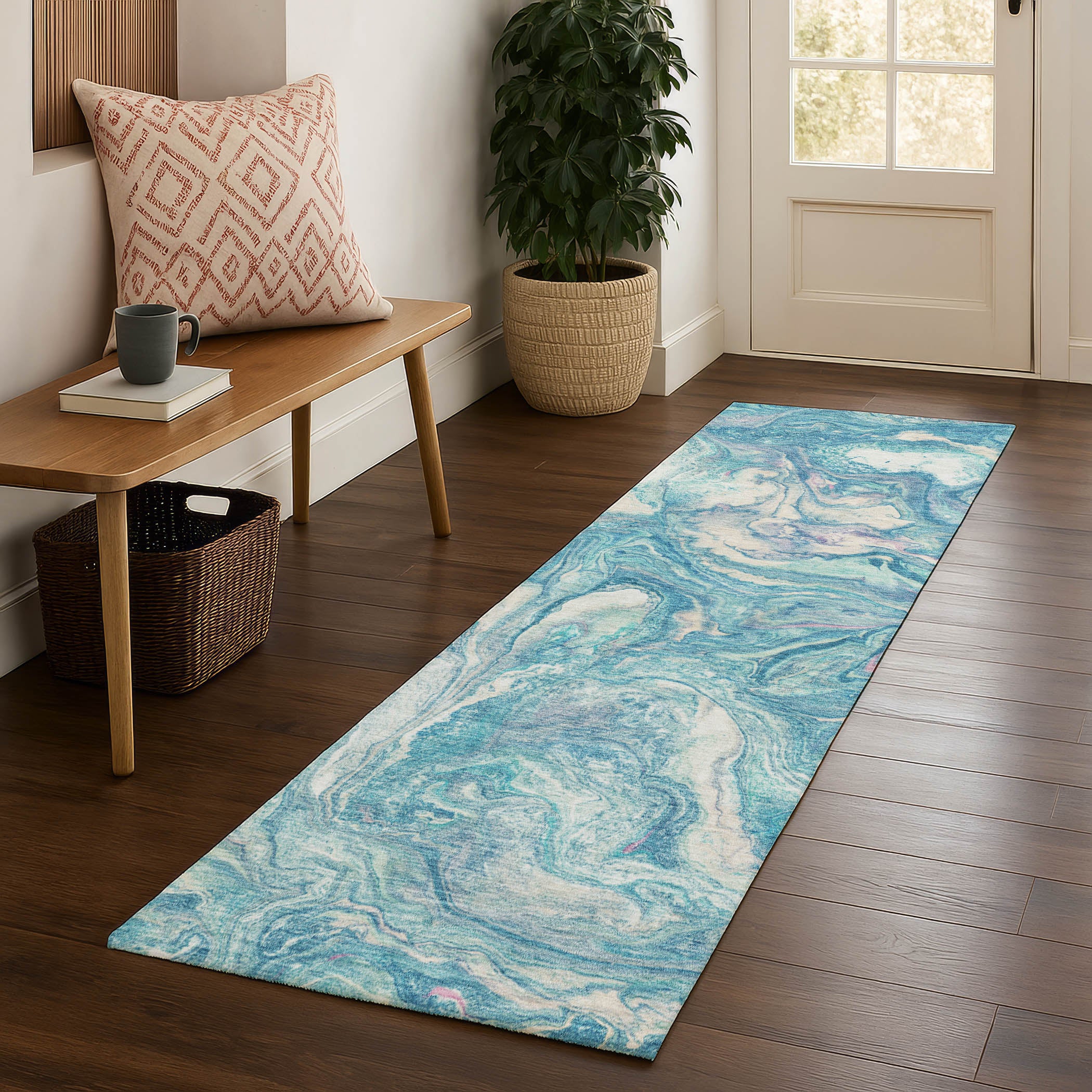 Athens Machine Washable Transitional Teal Rug 2'3" x 7'6" #shape_Runner