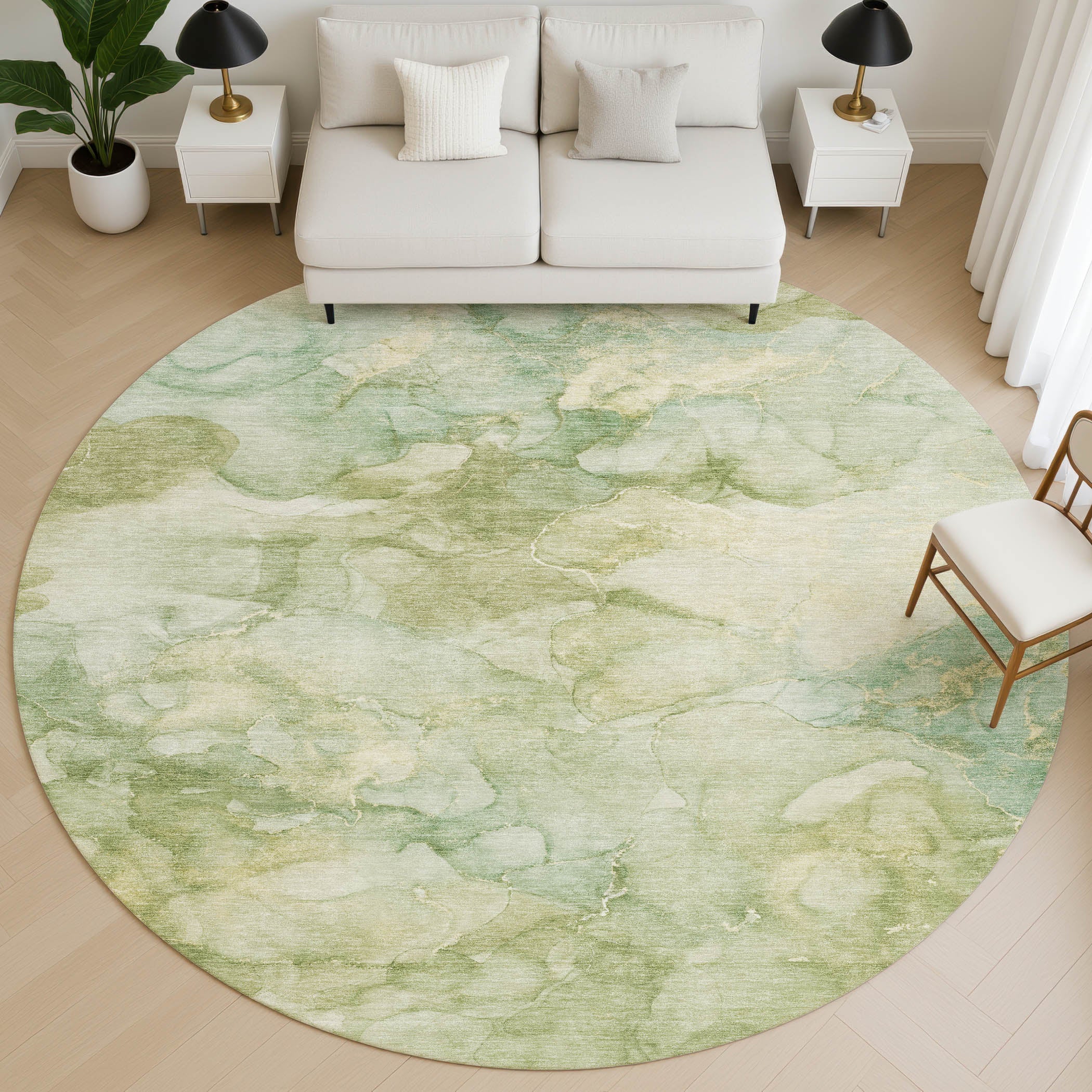 Hoi An Machine Washable Transitional Aloe Green Rug 8' x 8' #shape_Round