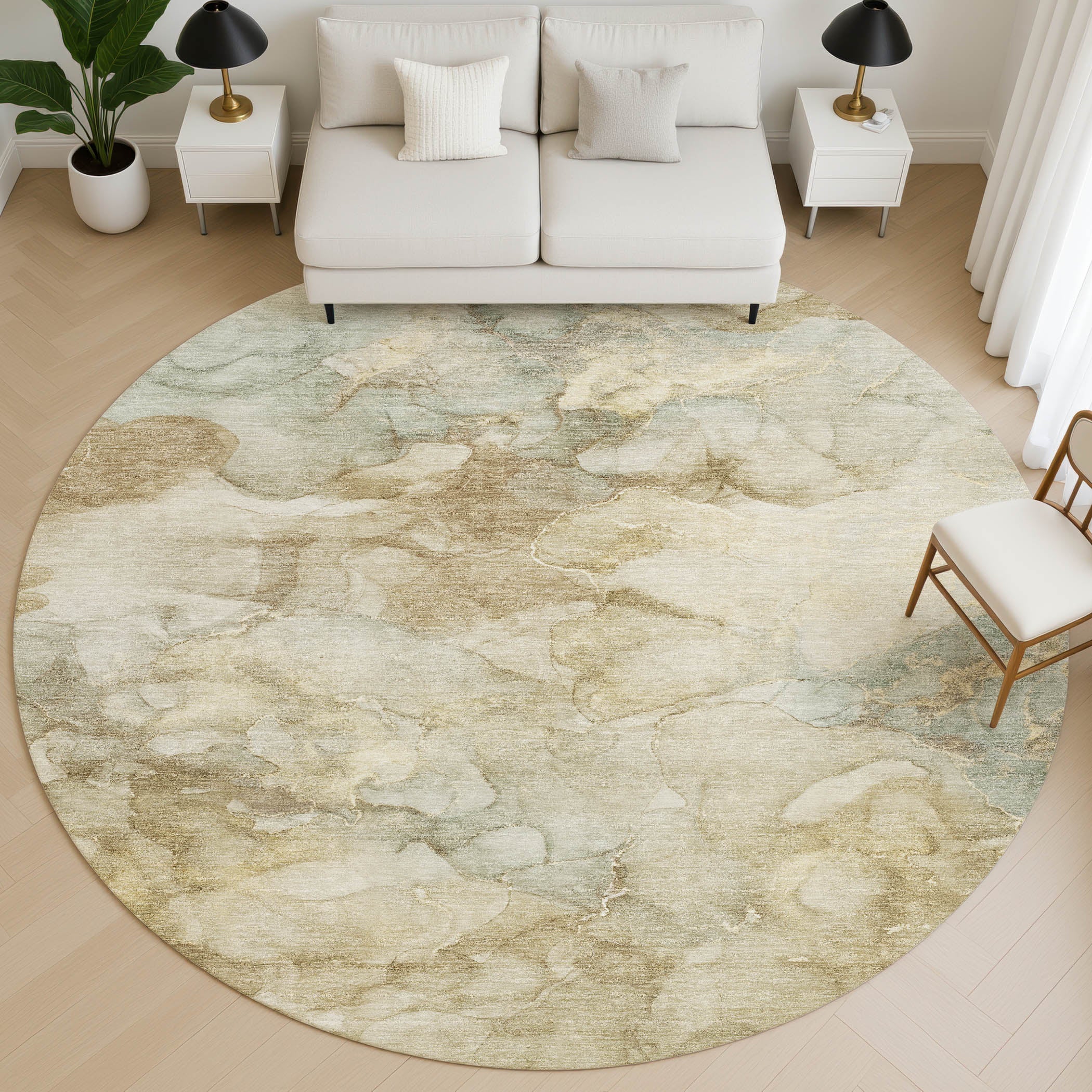 Hoi An Machine Washable Transitional Beige Brown Rug 8' x 8' #shape_Round