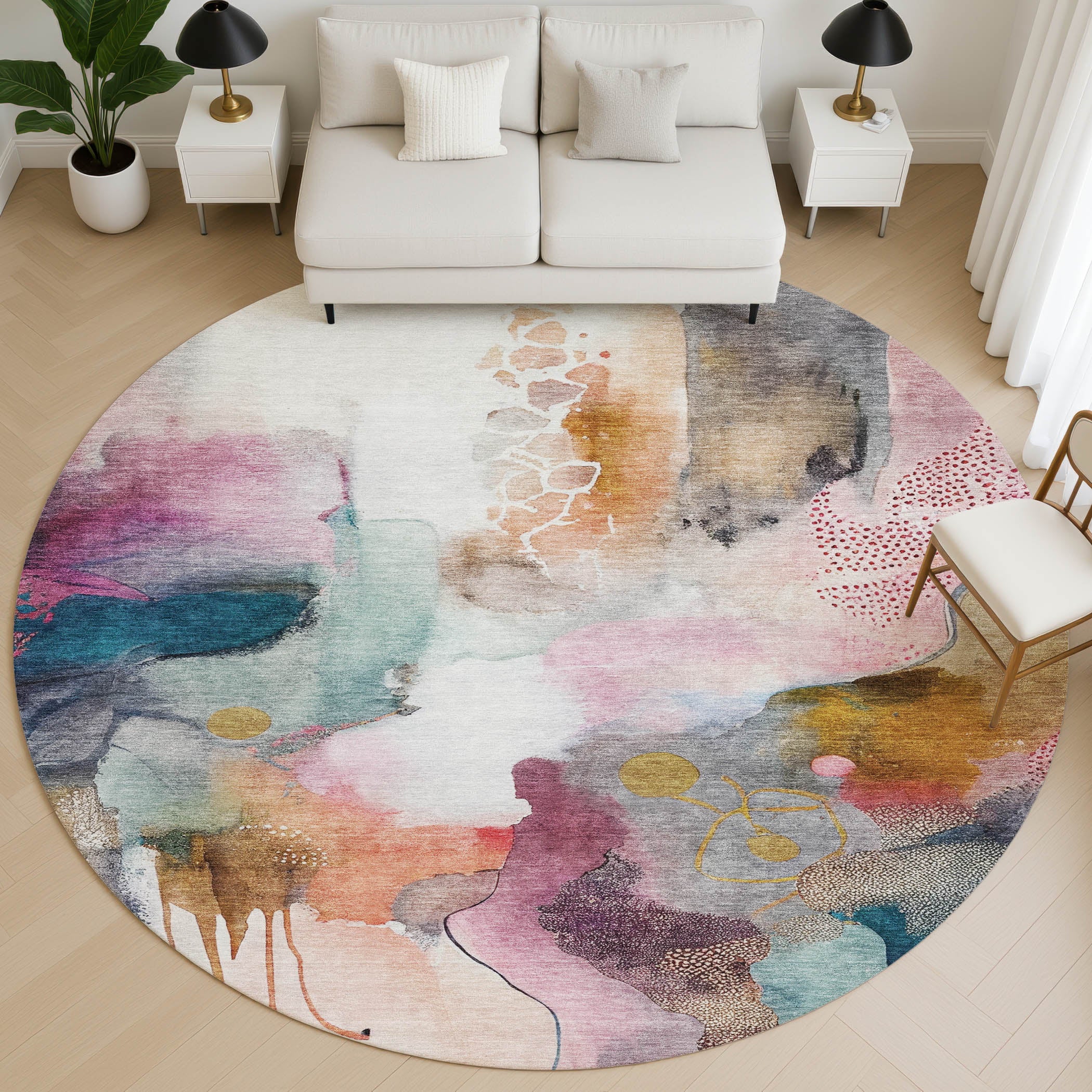 Sarajevo Machine Washable Transitional Blush Pink Rug 8' x 8' #shape_Round