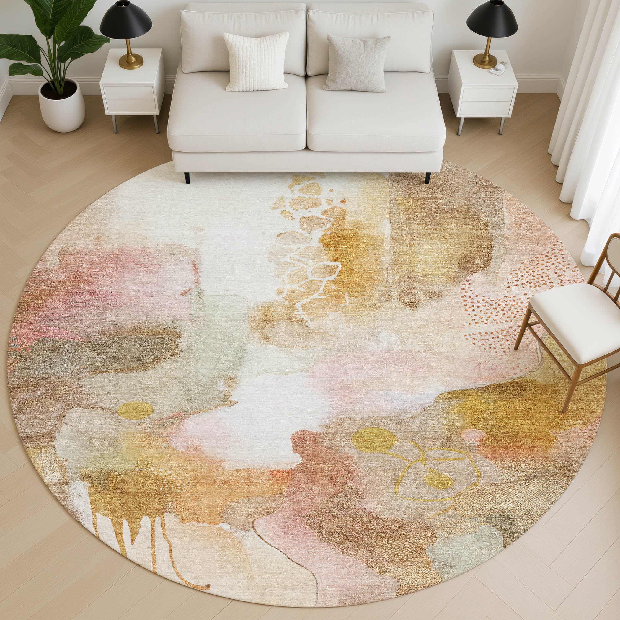 Sarajevo Machine Washable Transitional Mauve Pink Rug 8' x 8' #shape_Round