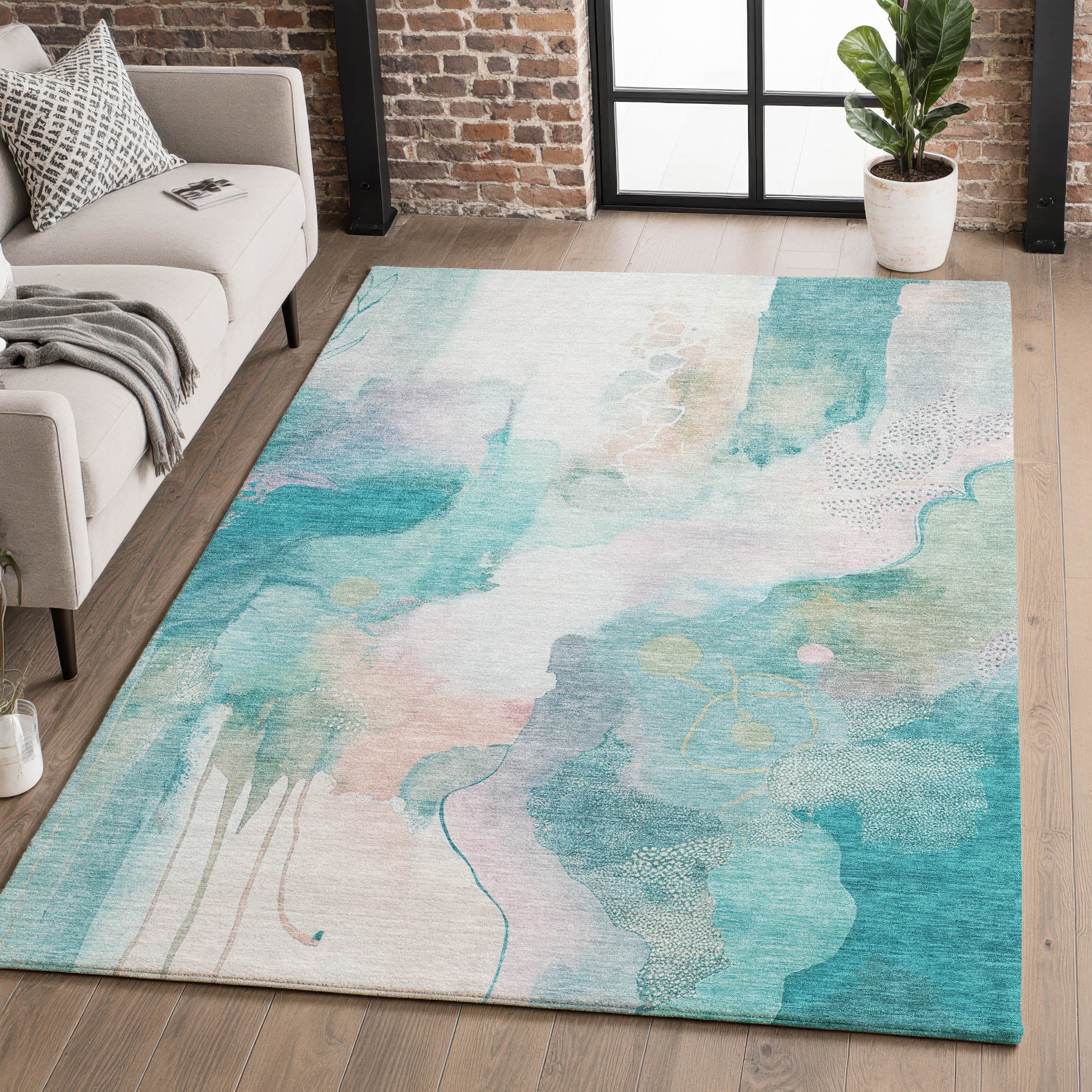Sarajevo Machine Washable Transitional Turquoise Teal Rug 2'6" x 3'10" #shape_Rectangle