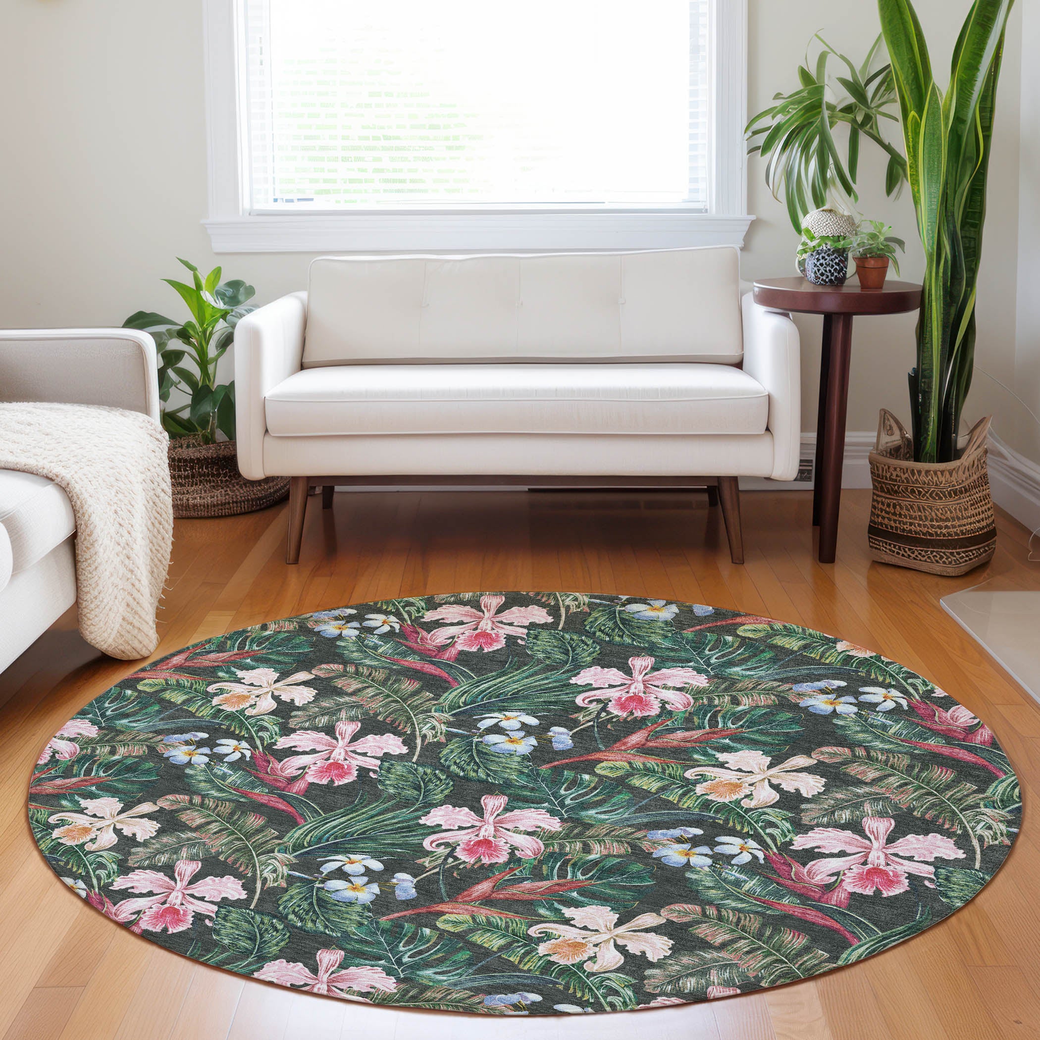 Queenstown Machine Washable Tropical Midnight Black Rug 8' x 8' #shape_Round
