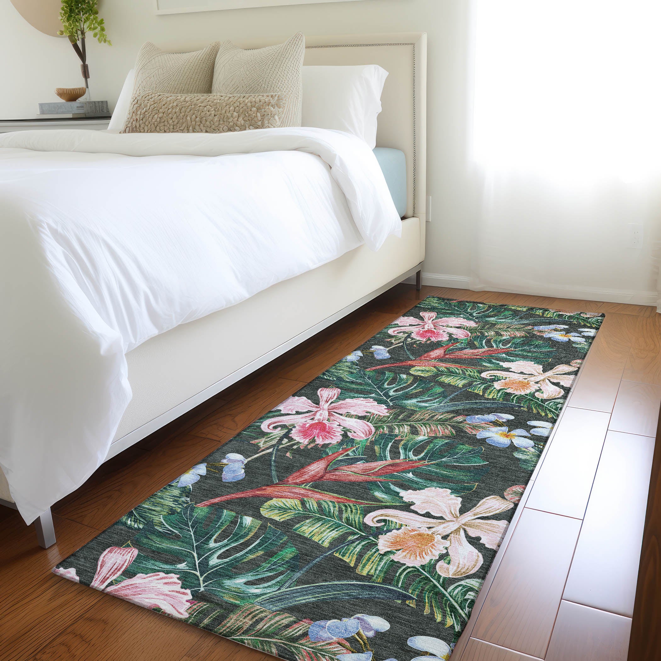 Queenstown Machine Washable Tropical Midnight Black Rug 2'3" x 7'6" #shape_Runner