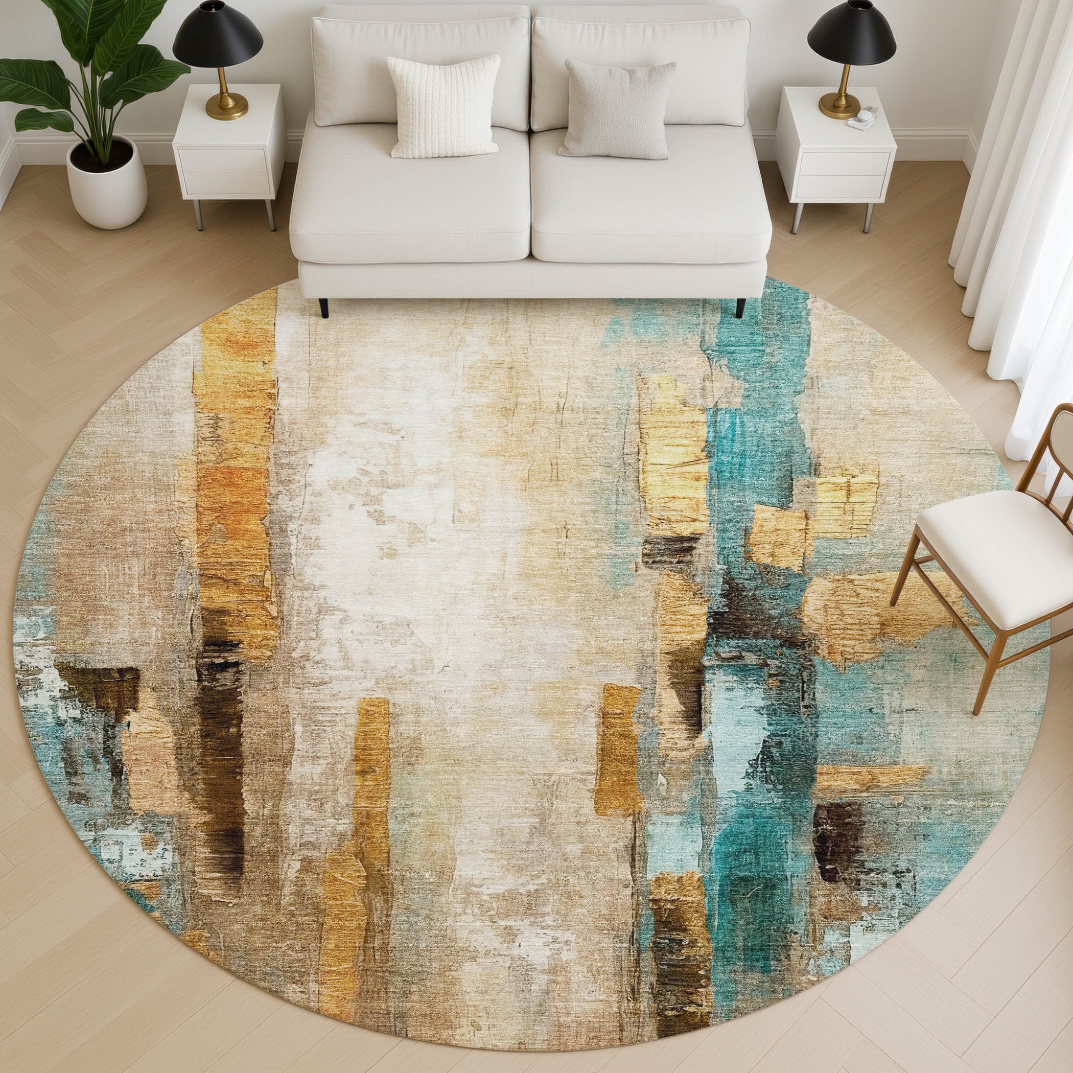 Kathmandu Machine Washable Transitional Beige Brown Rug 8' x 8' #shape_Round