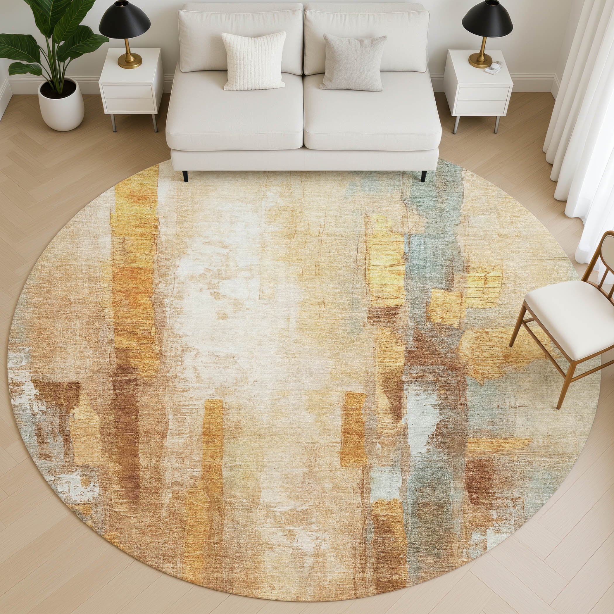 Kathmandu Machine Washable Transitional Copper Orange Rug 8' x 8' #shape_Round