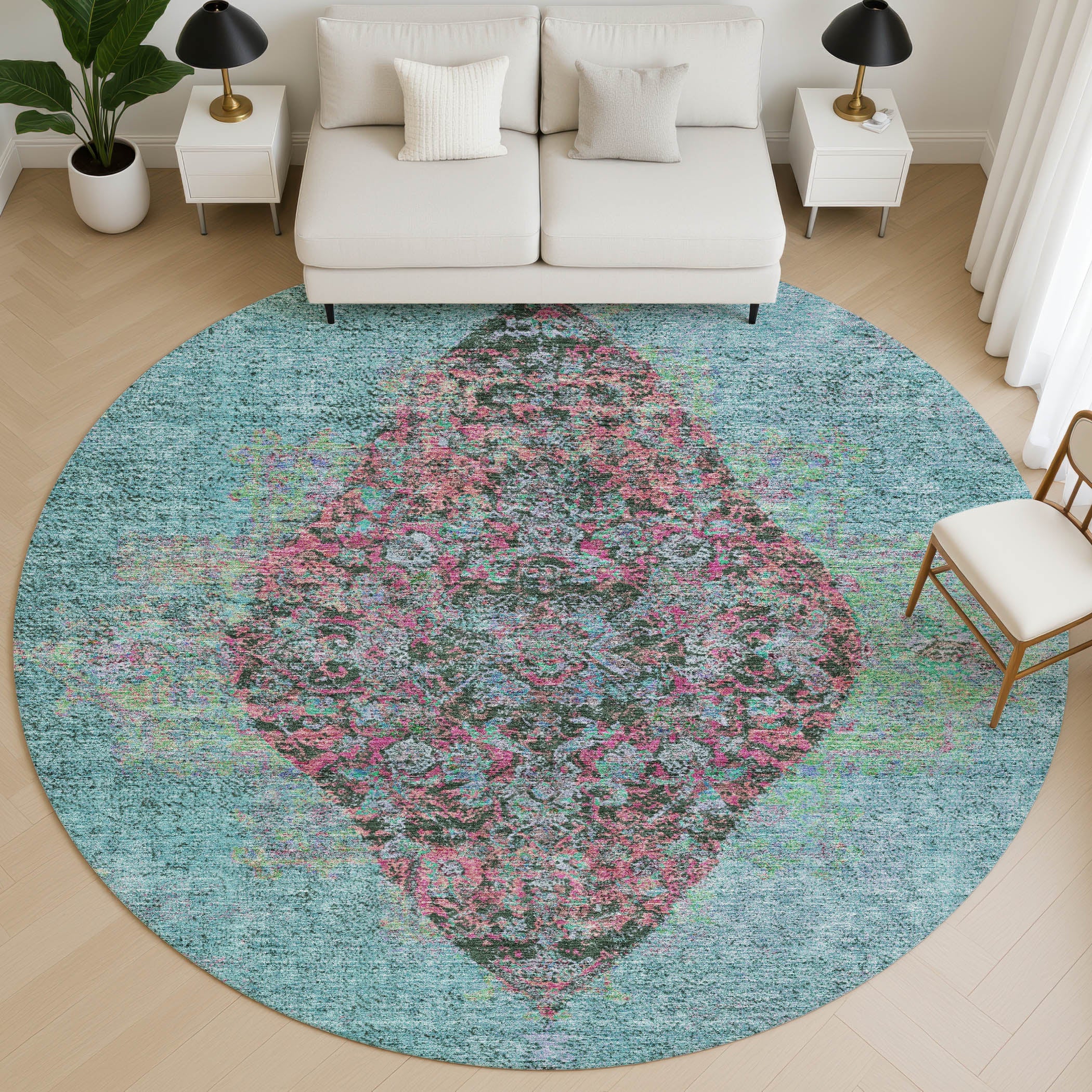 Ghent Machine Washable Traditional Aqua Teal Rug 8' x 8' #shape_Round