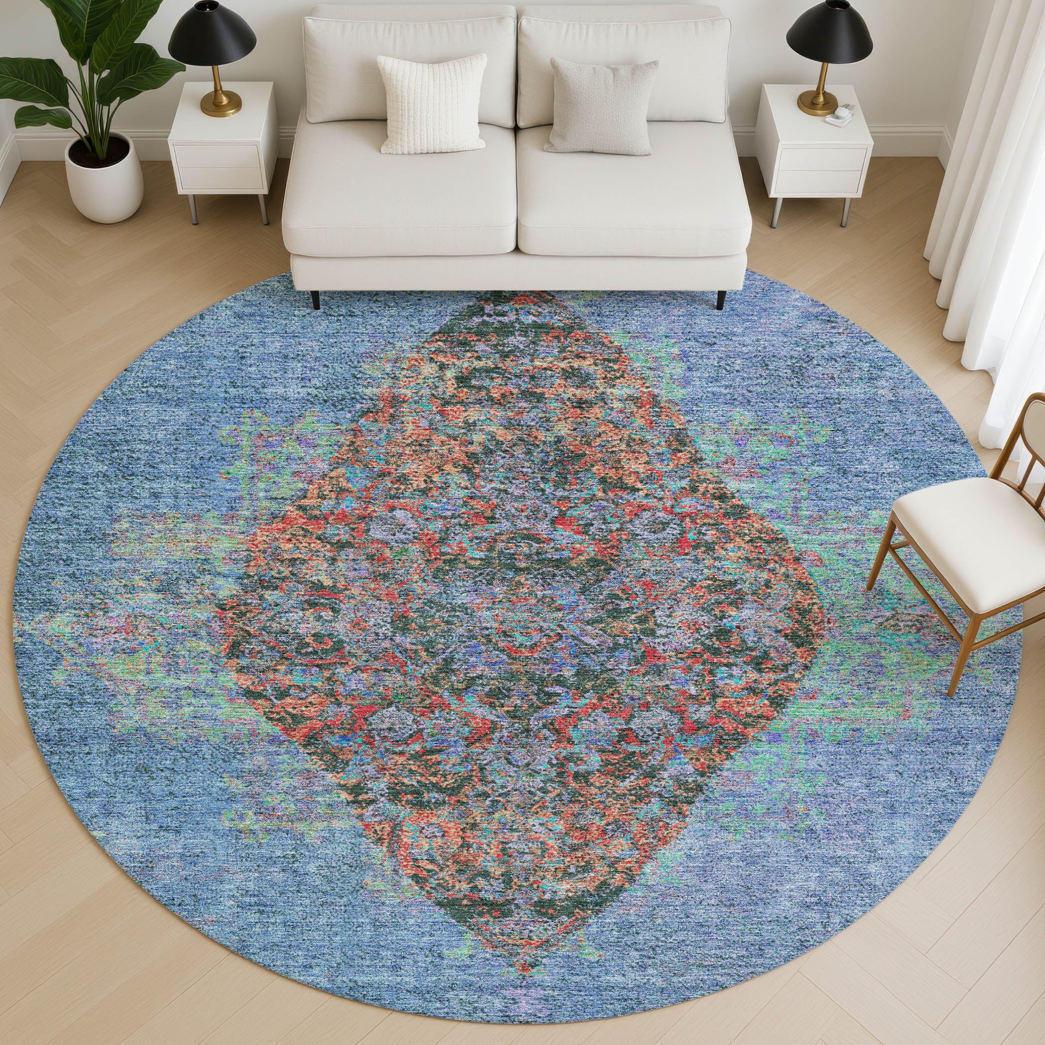 Ghent Machine Washable Traditional Blue Rug 8' x 8' #shape_Round