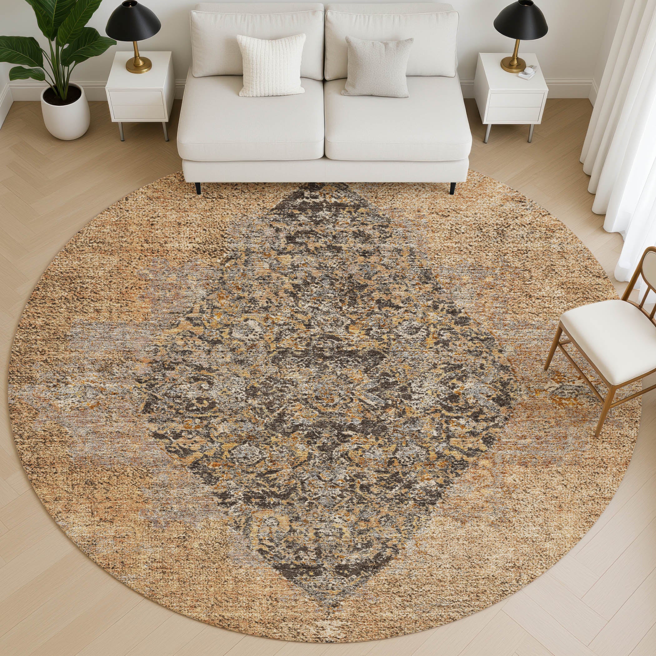 Ghent Machine Washable Traditional Copper Orange Rug 8' x 8' #shape_Round