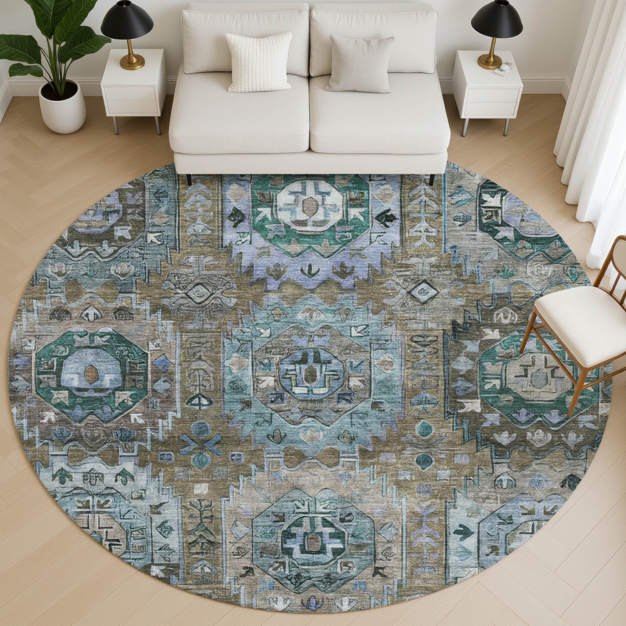 Ghent Machine Washable Traditional Brown Rug 8' x 8' #shape_Round