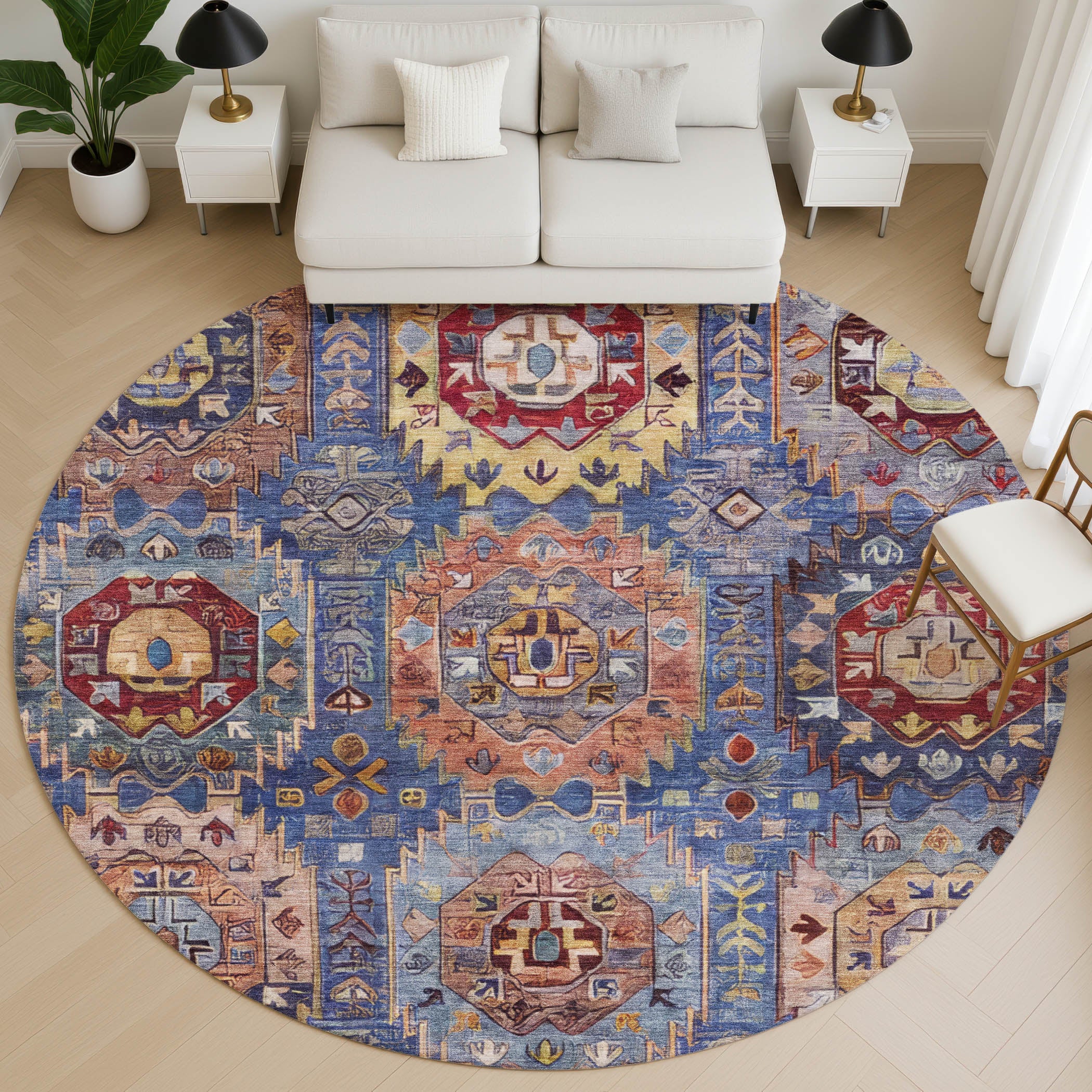 Ghent Machine Washable Traditional Denim Blue Rug 8' x 8' #shape_Round