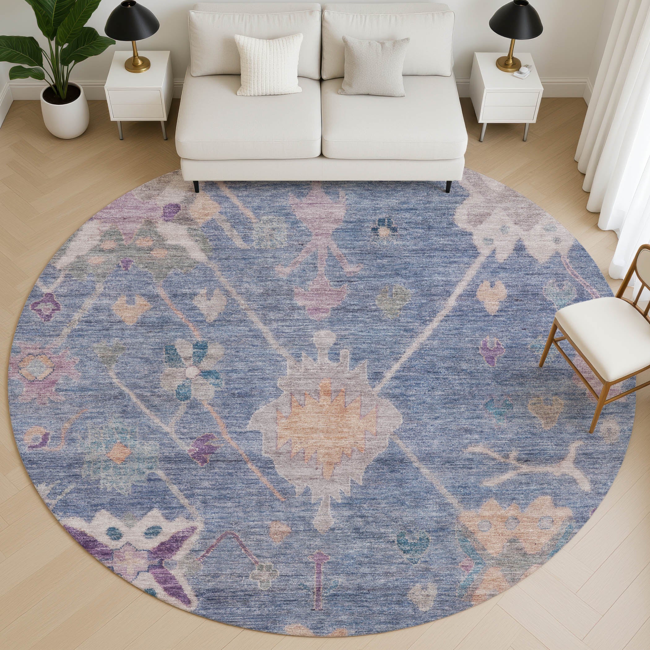 Colombo Machine Washable Traditional Blue Rug 8' x 8' #shape_Round