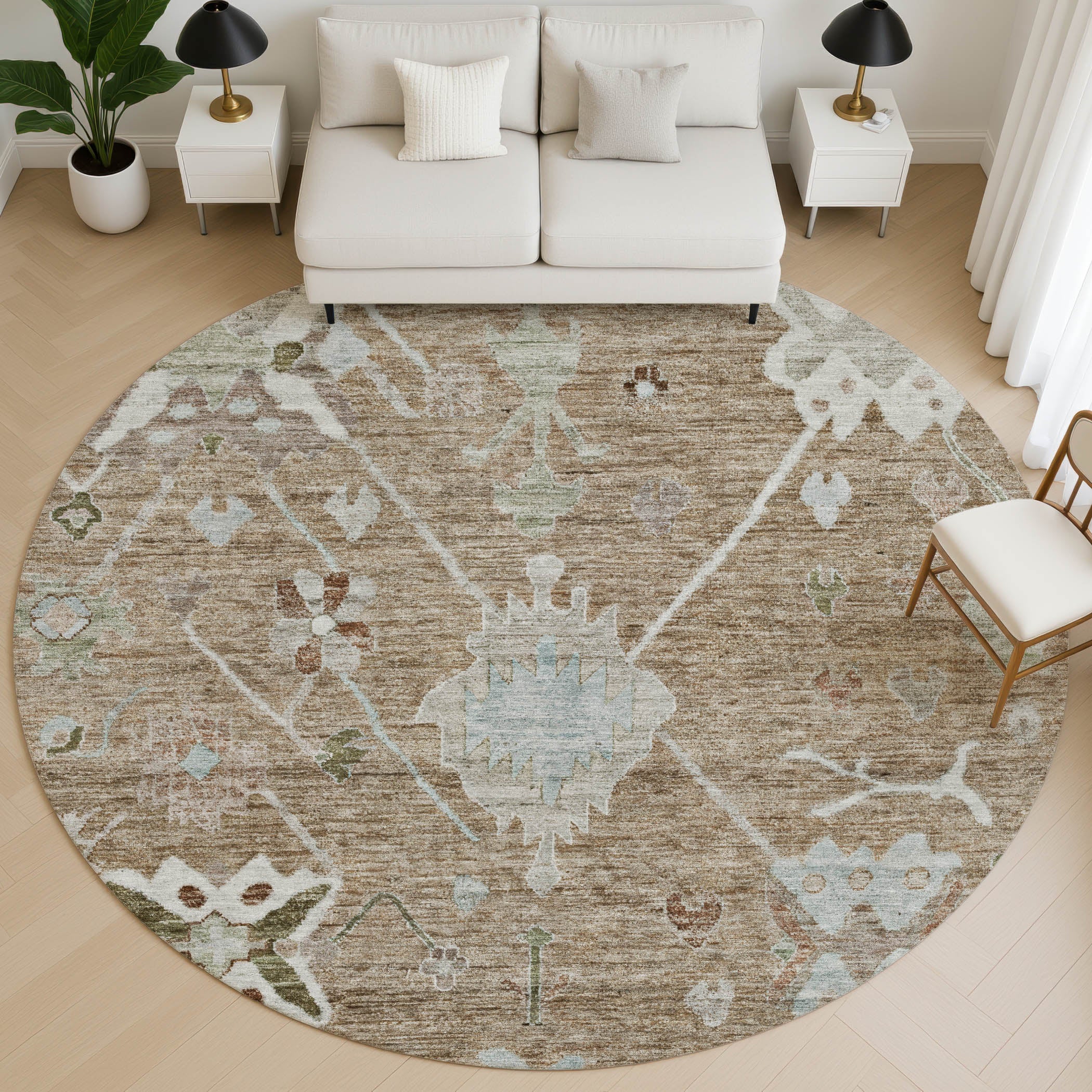 Colombo Machine Washable Traditional Brown Rug 8' x 8' #shape_Round