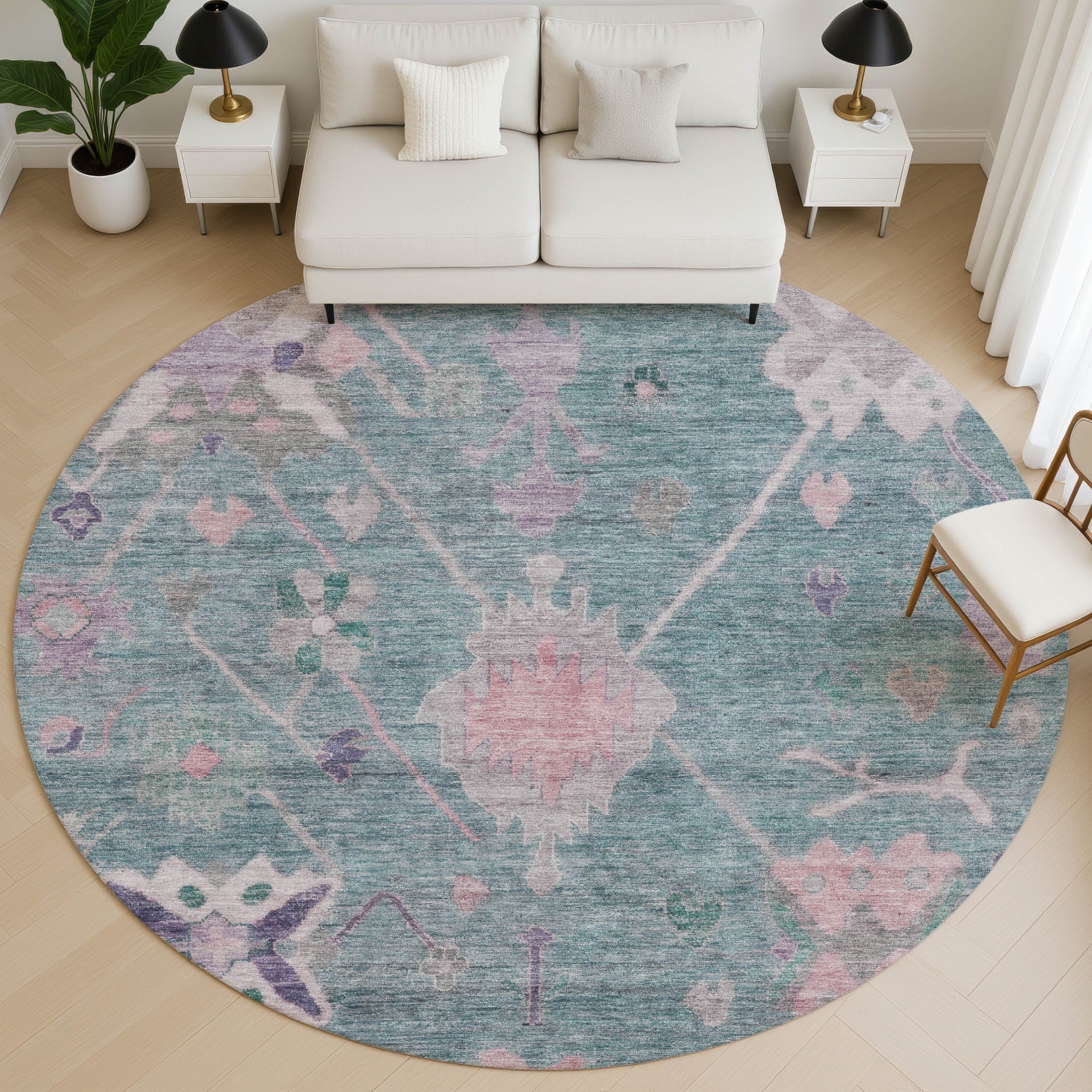 Colombo Machine Washable Traditional Green Rug 8' x 8' #shape_Round