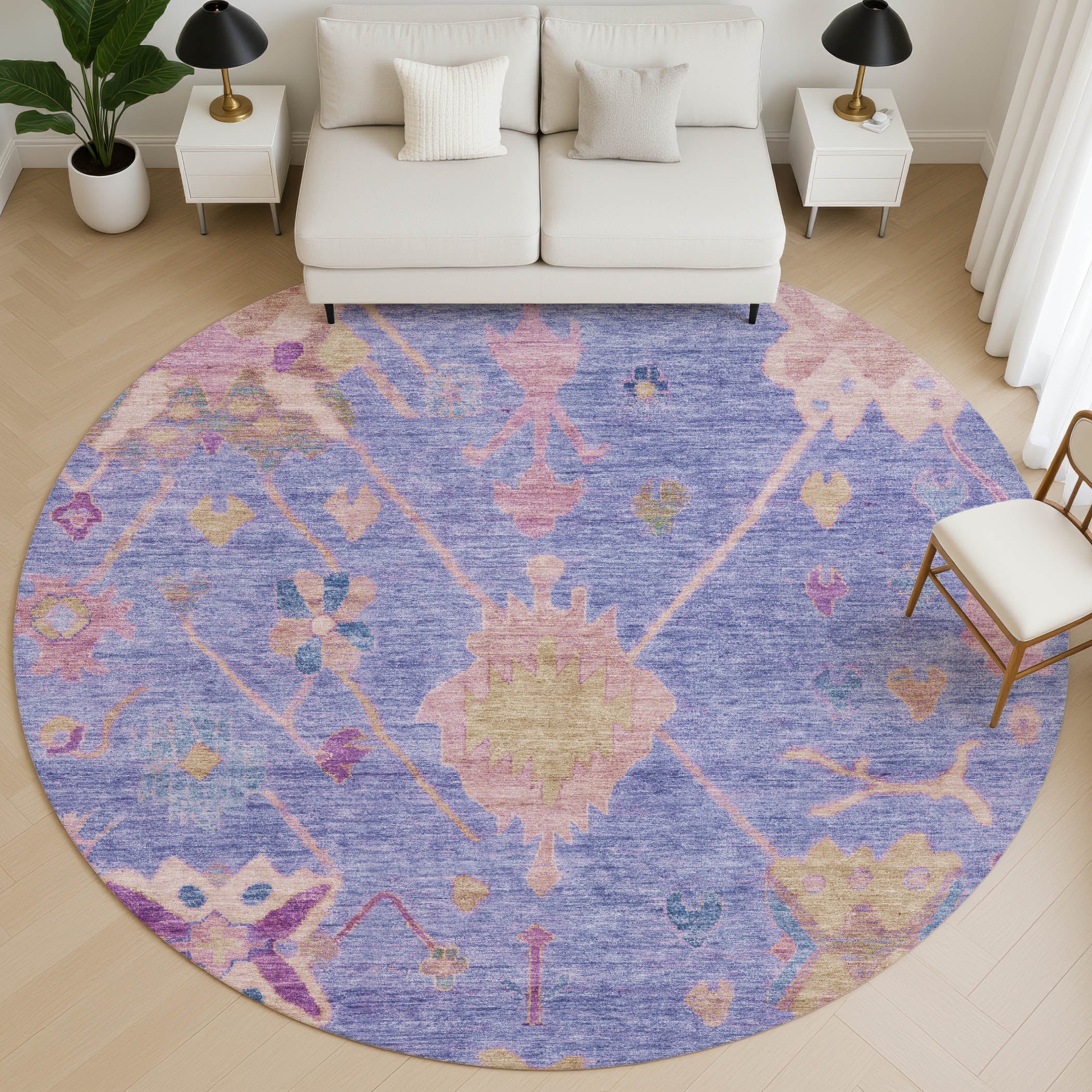 Colombo Machine Washable Traditional Purple Rug 8' x 8' #shape_Round
