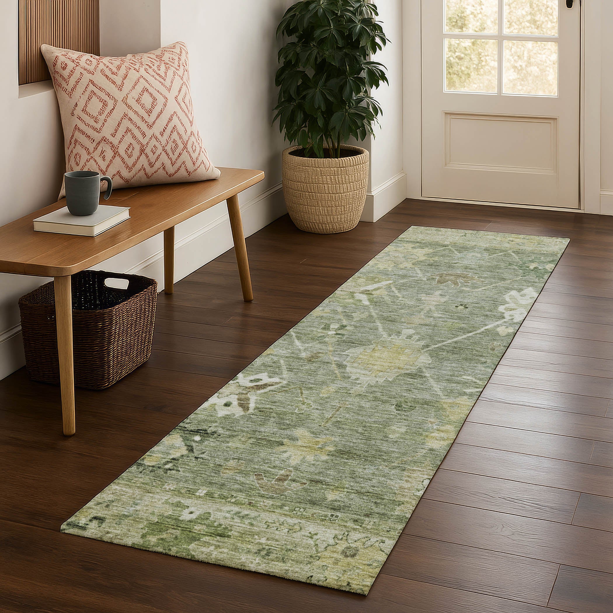 Colombo Machine Washable Traditional Sage Green Rug 2'3" x 7'6" #shape_Runner