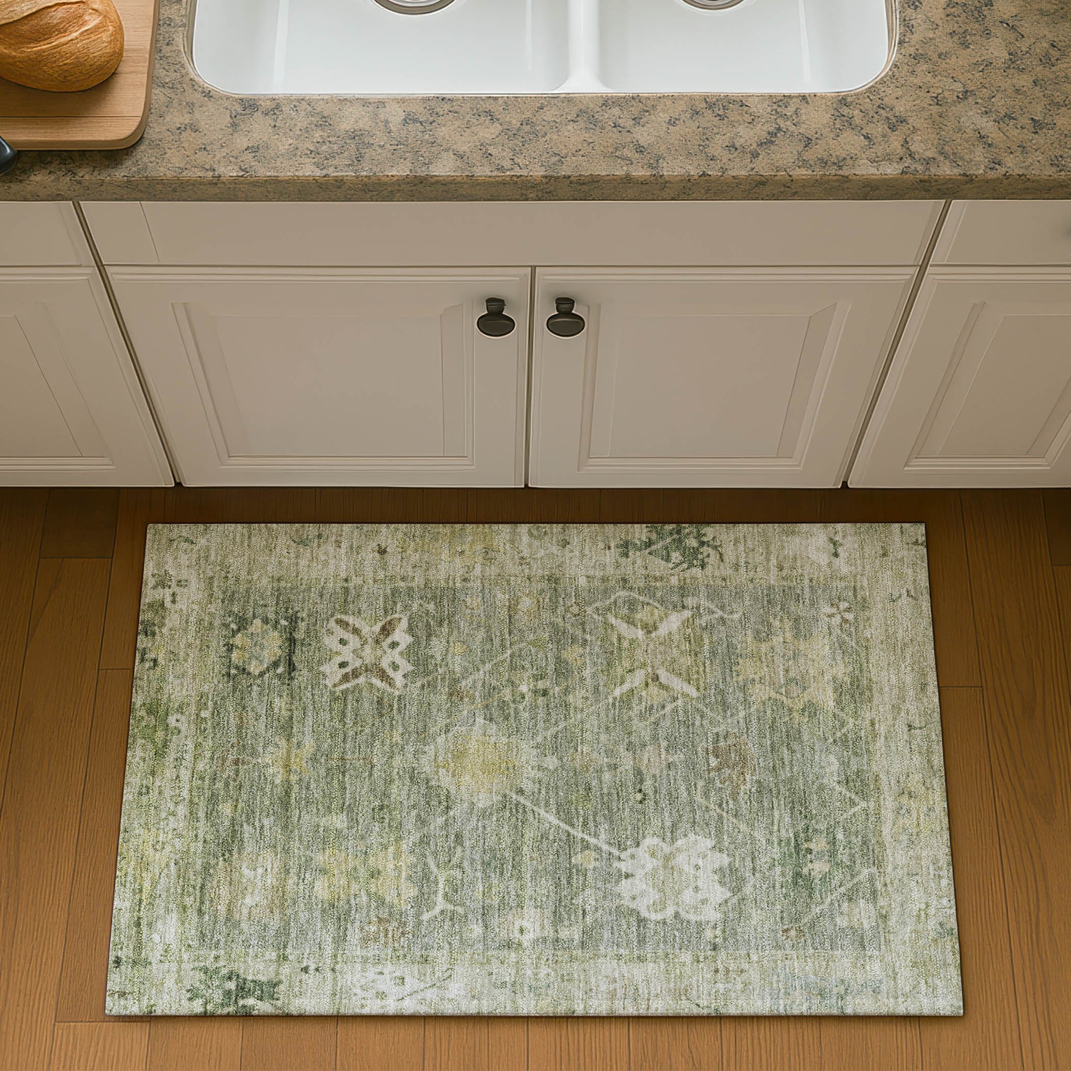 Colombo Machine Washable Traditional Sage Green Rug 1'8" x 2'6" #shape_Rectangle