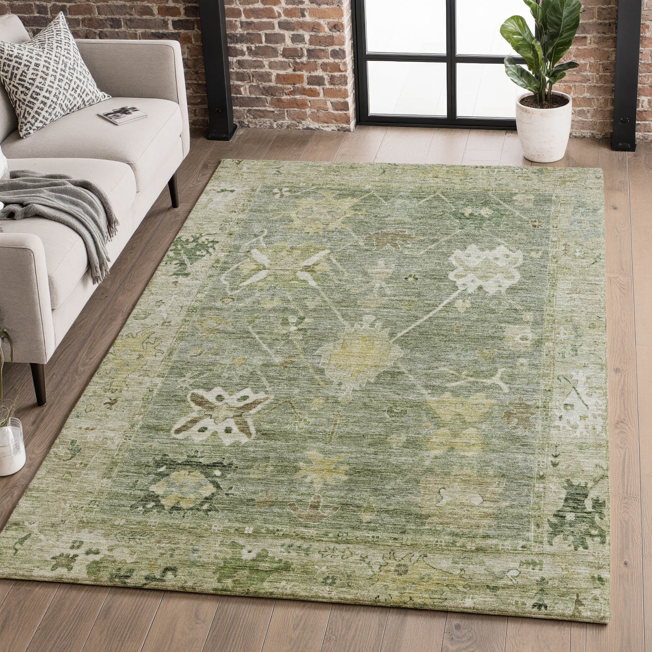 Colombo Machine Washable Traditional Sage Green Rug 2'6" x 3'10" #shape_Rectangle
