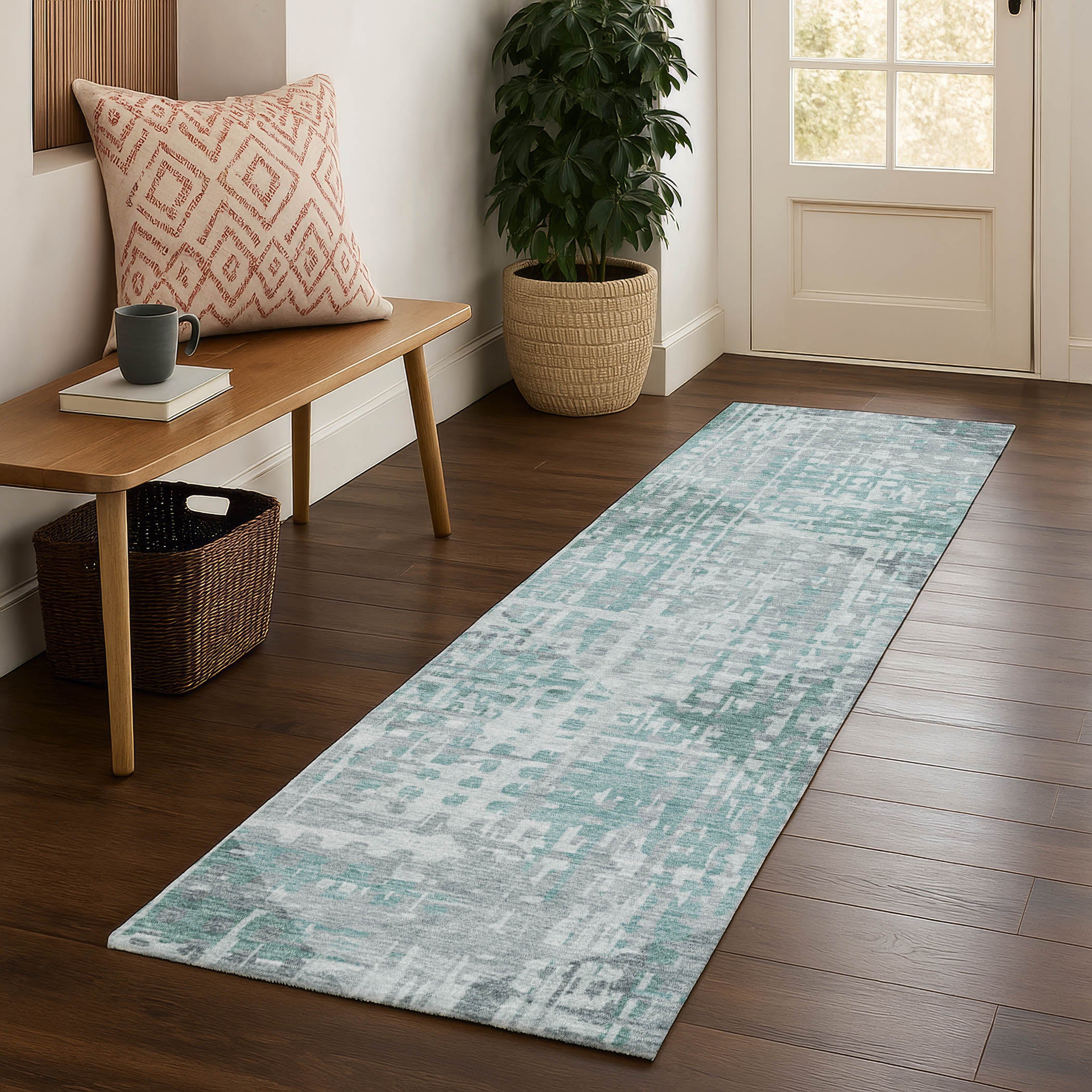 Sintra Machine Washable Transitional Teal Rug 2'3" x 7'6" #shape_Runner