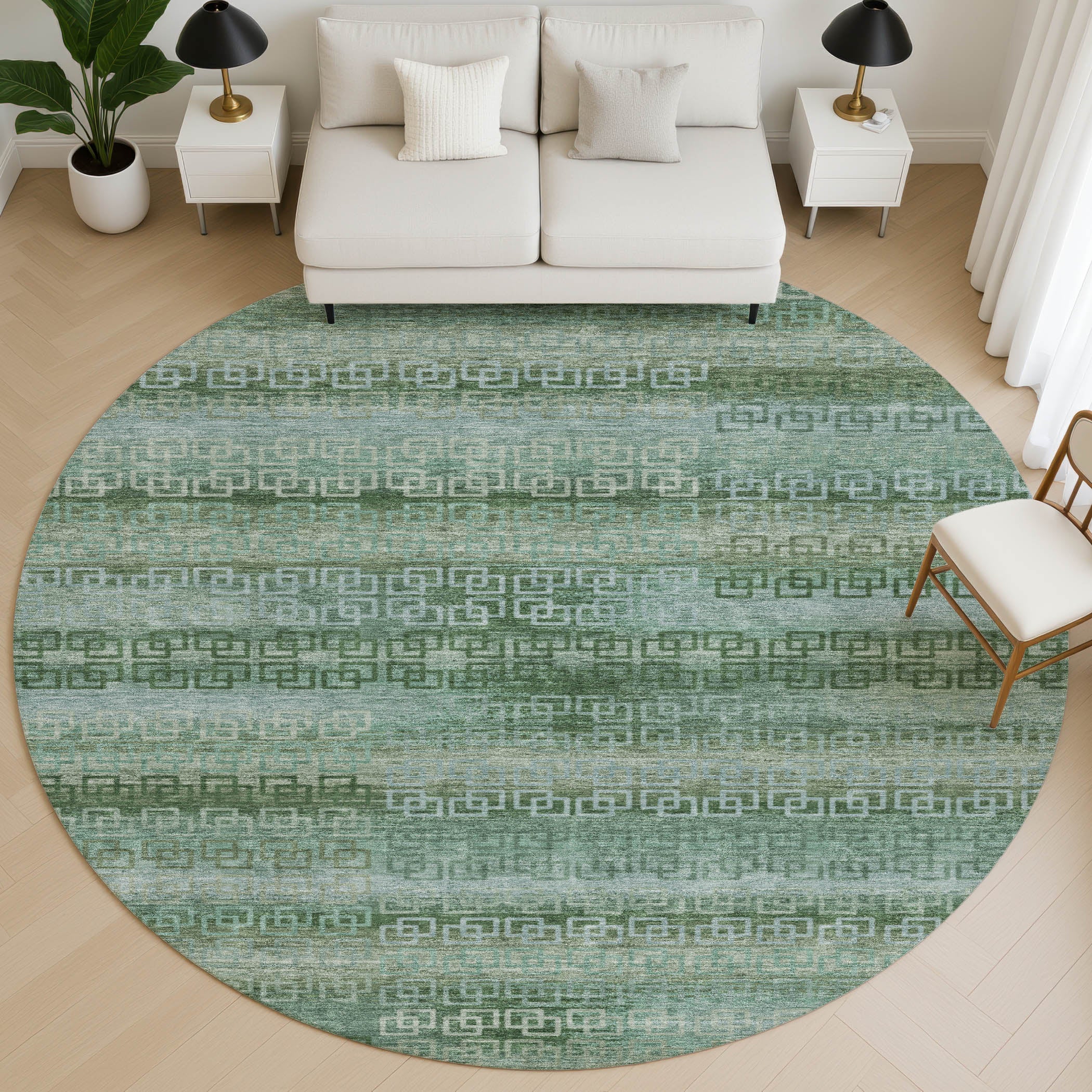 Valletta Machine Washable Transitional Aloe Green Rug 8' x 8' #shape_Round