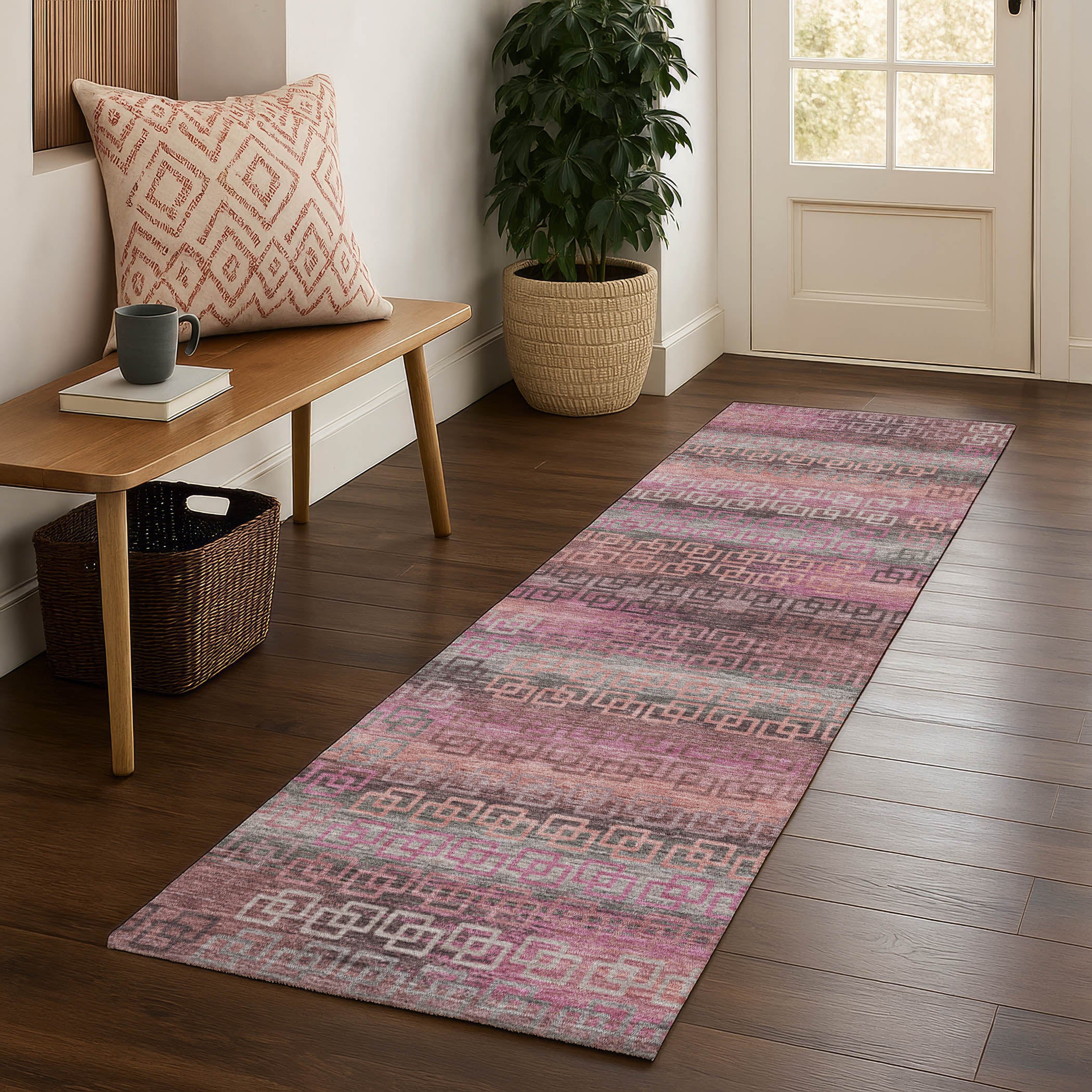 Valletta Machine Washable Transitional Pink Rug 2'3" x 7'6" #shape_Runner