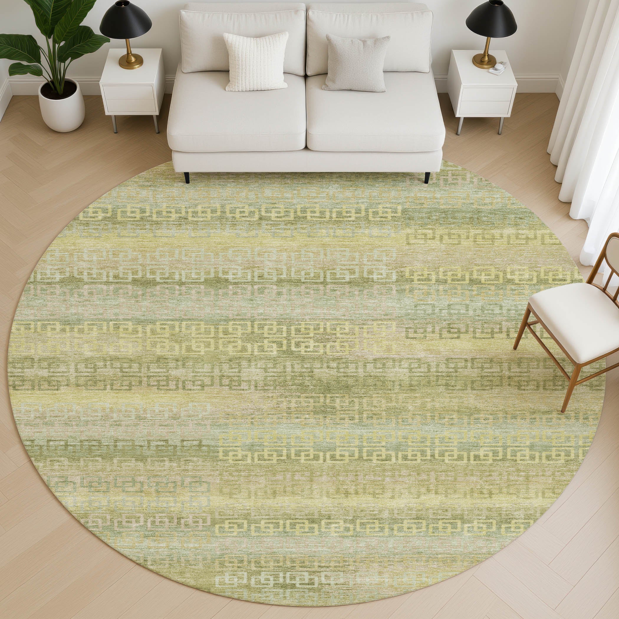 Valletta Machine Washable Transitional Sage Green Rug 8' x 8' #shape_Round