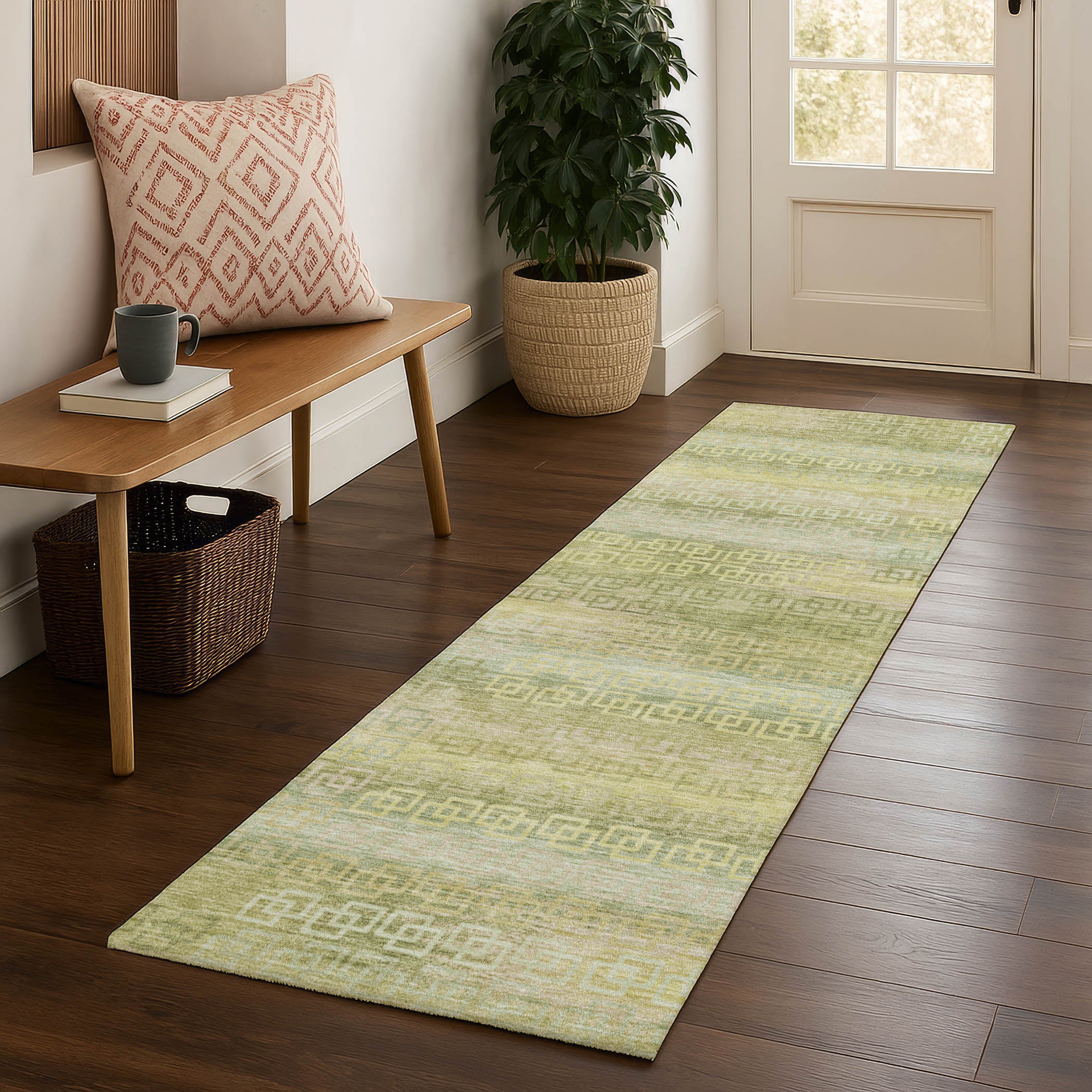 Valletta Machine Washable Transitional Sage Green Rug 2'3" x 7'6" #shape_Runner
