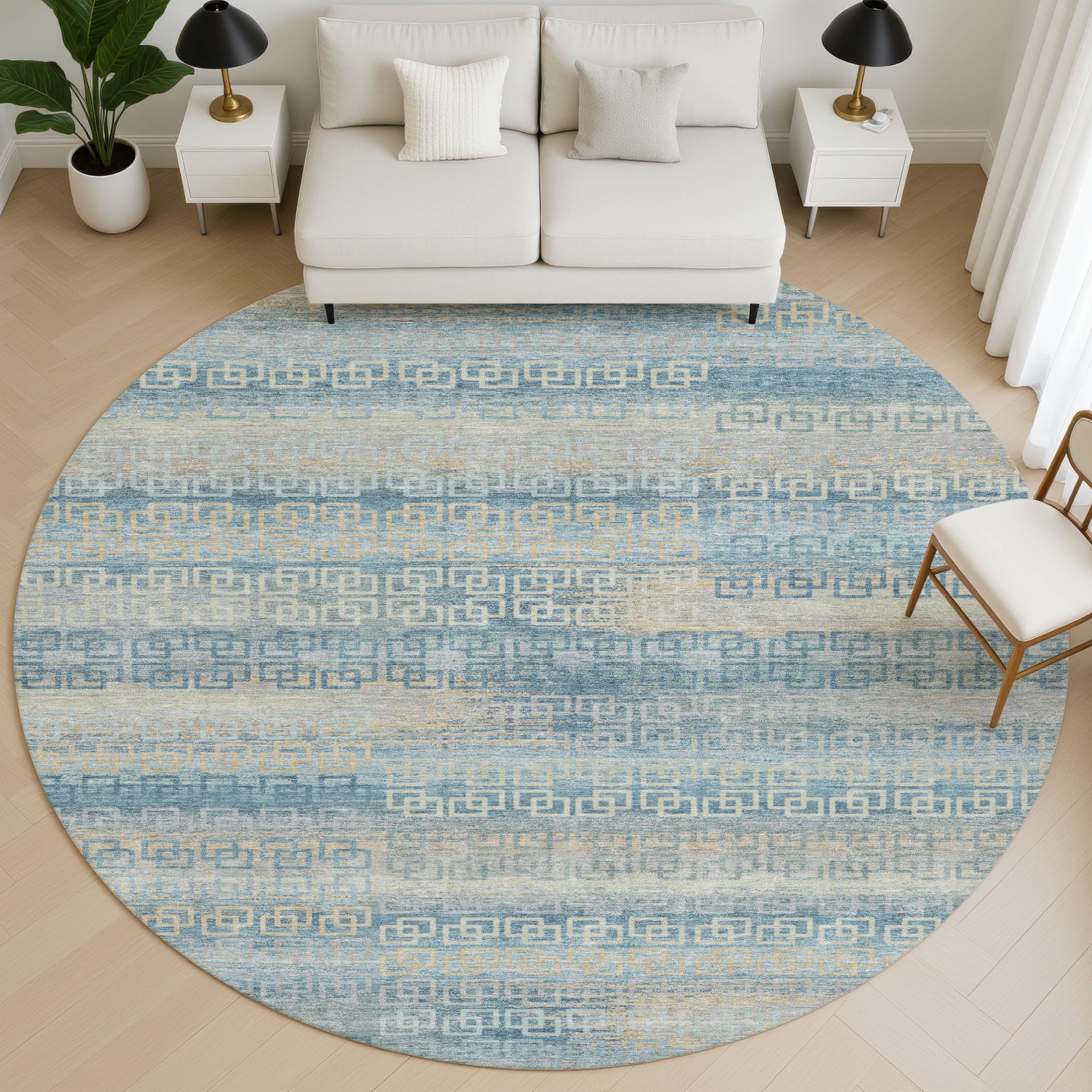 Valletta Machine Washable Transitional Teal Rug 8' x 8' #shape_Round