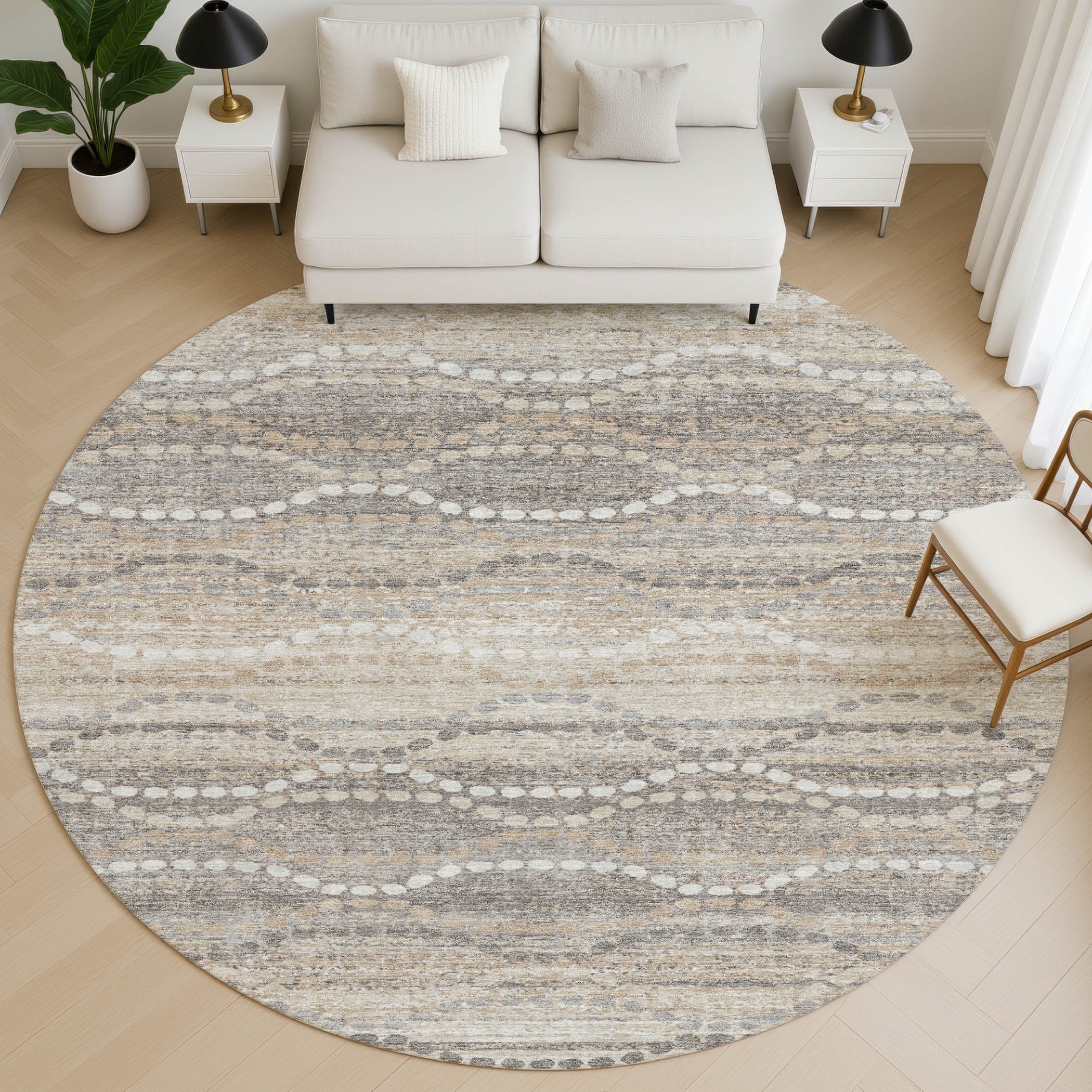 Queenstown Machine Washable Transitional Beige Brown Rug 8' x 8' #shape_Round