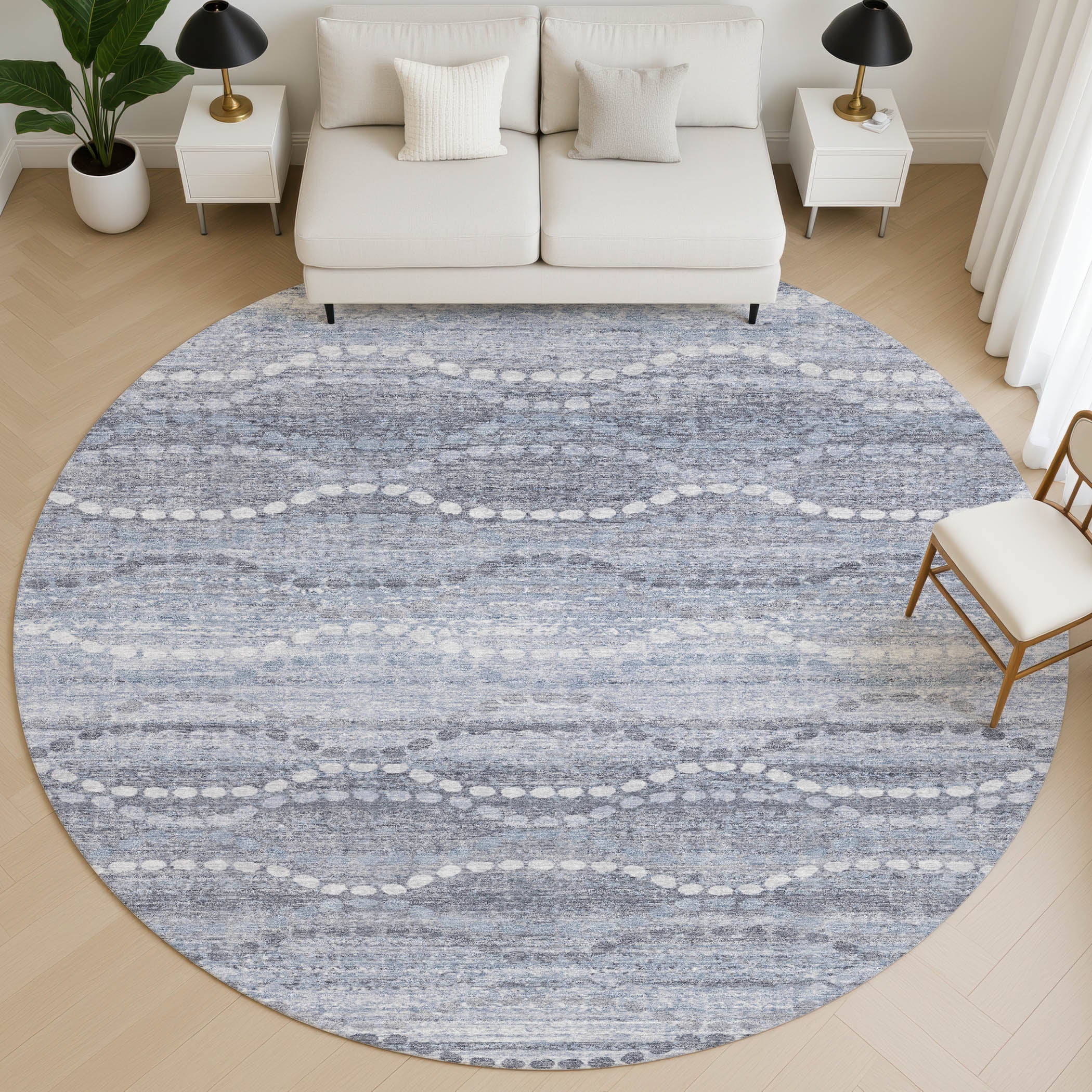 Queenstown Machine Washable Transitional Blue Rug 8' x 8' #shape_Round
