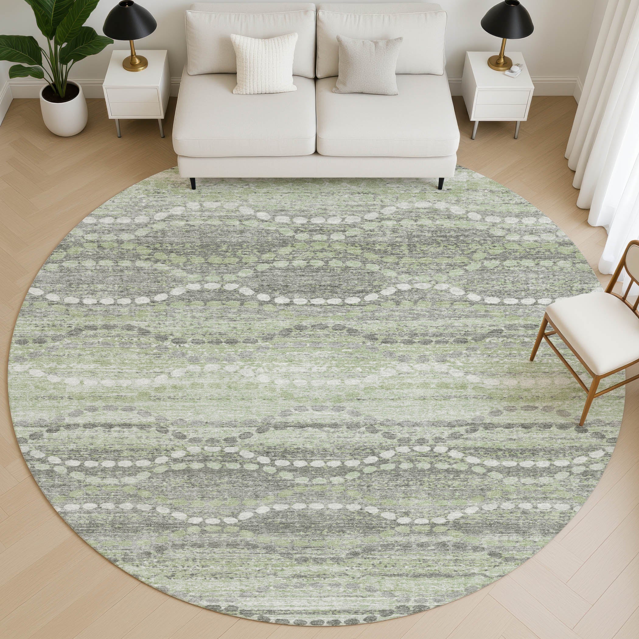 Queenstown Machine Washable Transitional Green Rug 8' x 8' #shape_Round