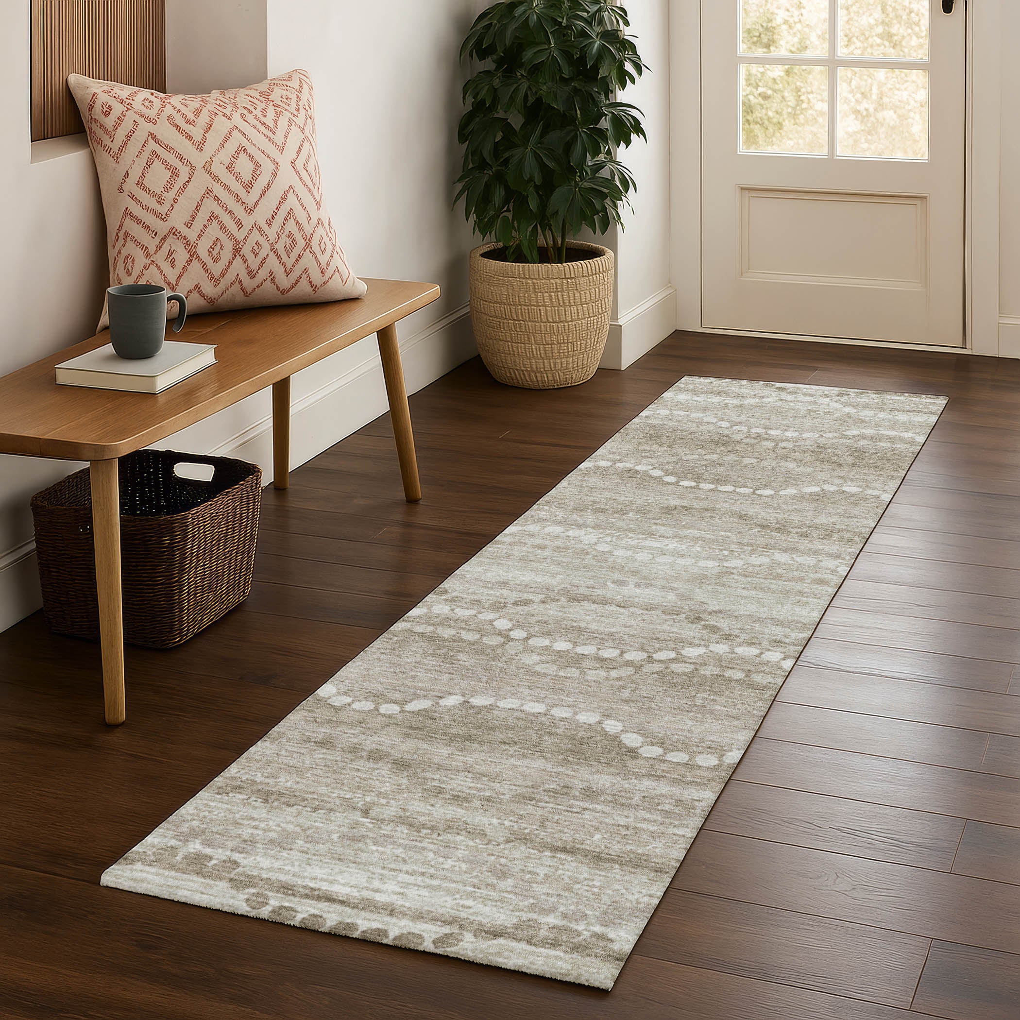 Queenstown Machine Washable Transitional Khaki Brown Rug 2'3" x 7'6" #shape_Runner