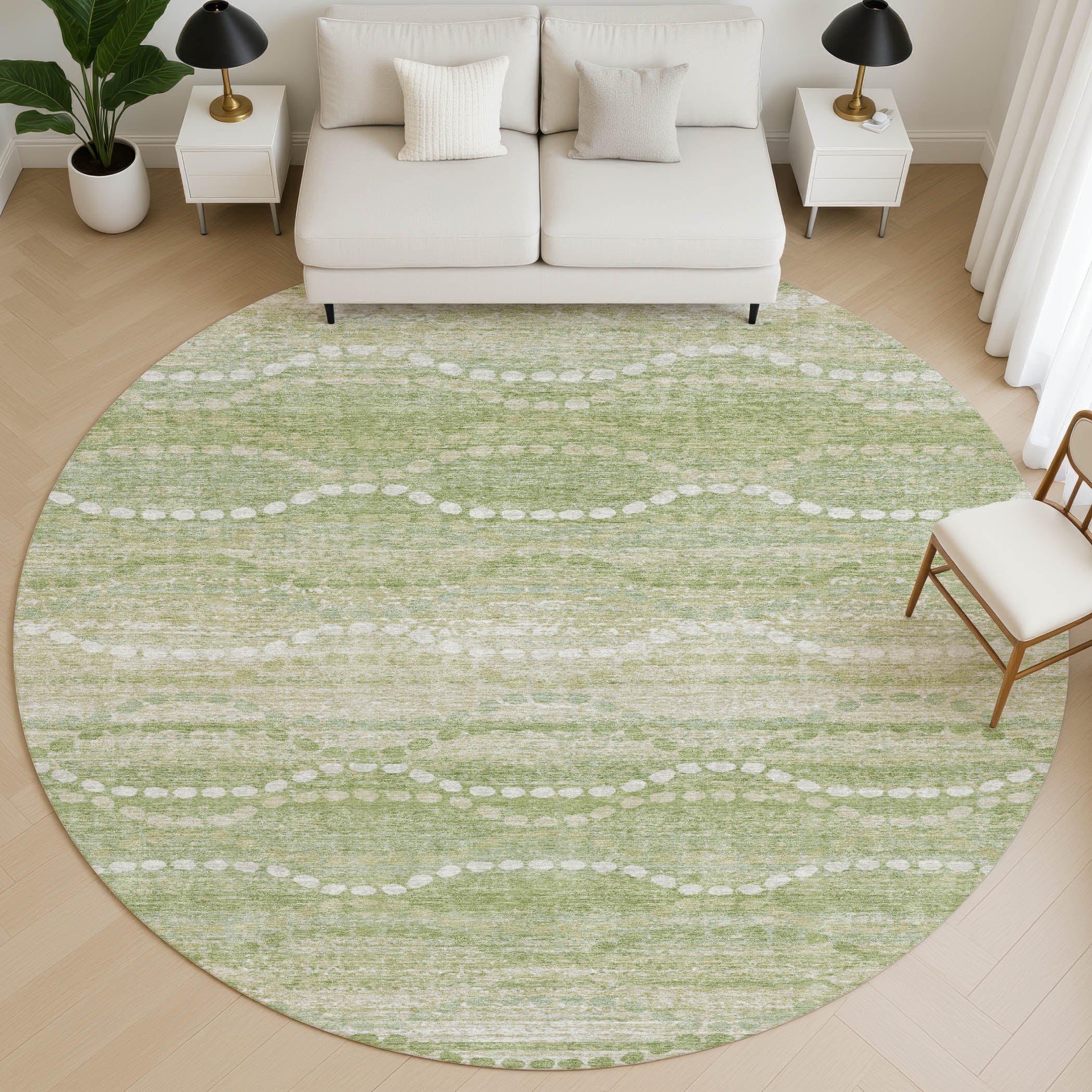 Queenstown Machine Washable Transitional Sage Green Rug 8' x 8' #shape_Round