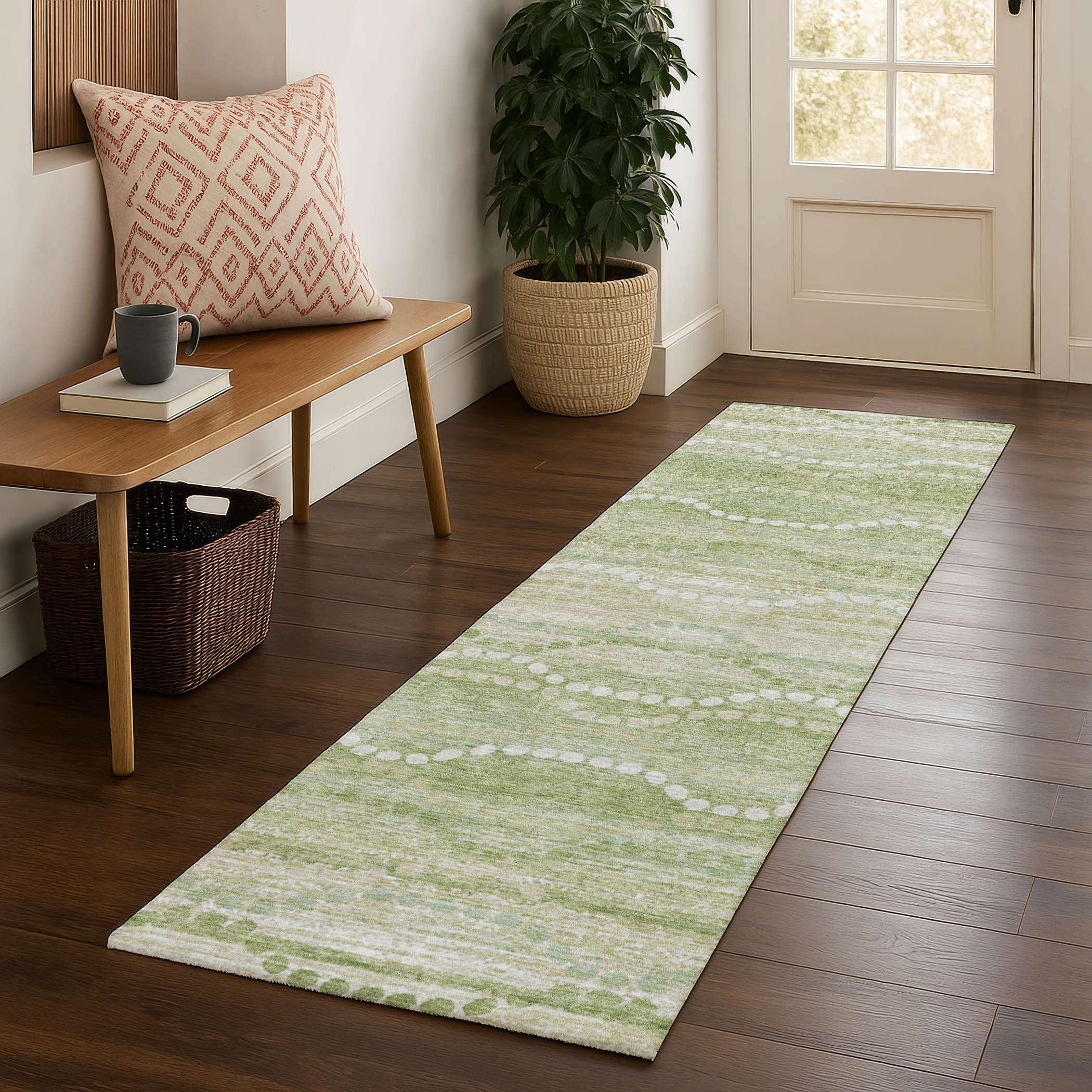 Queenstown Machine Washable Transitional Sage Green Rug 2'3" x 7'6" #shape_Runner
